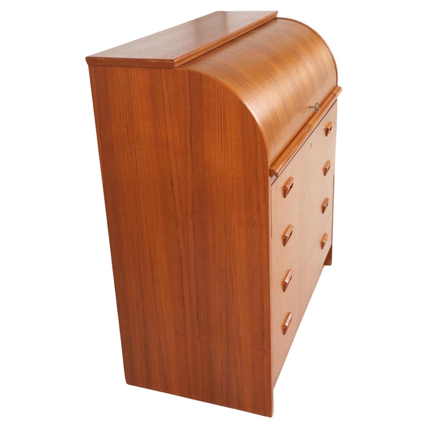 Mid-Century Modern Mid century Swedish teak secretary roll top desk dresser with key