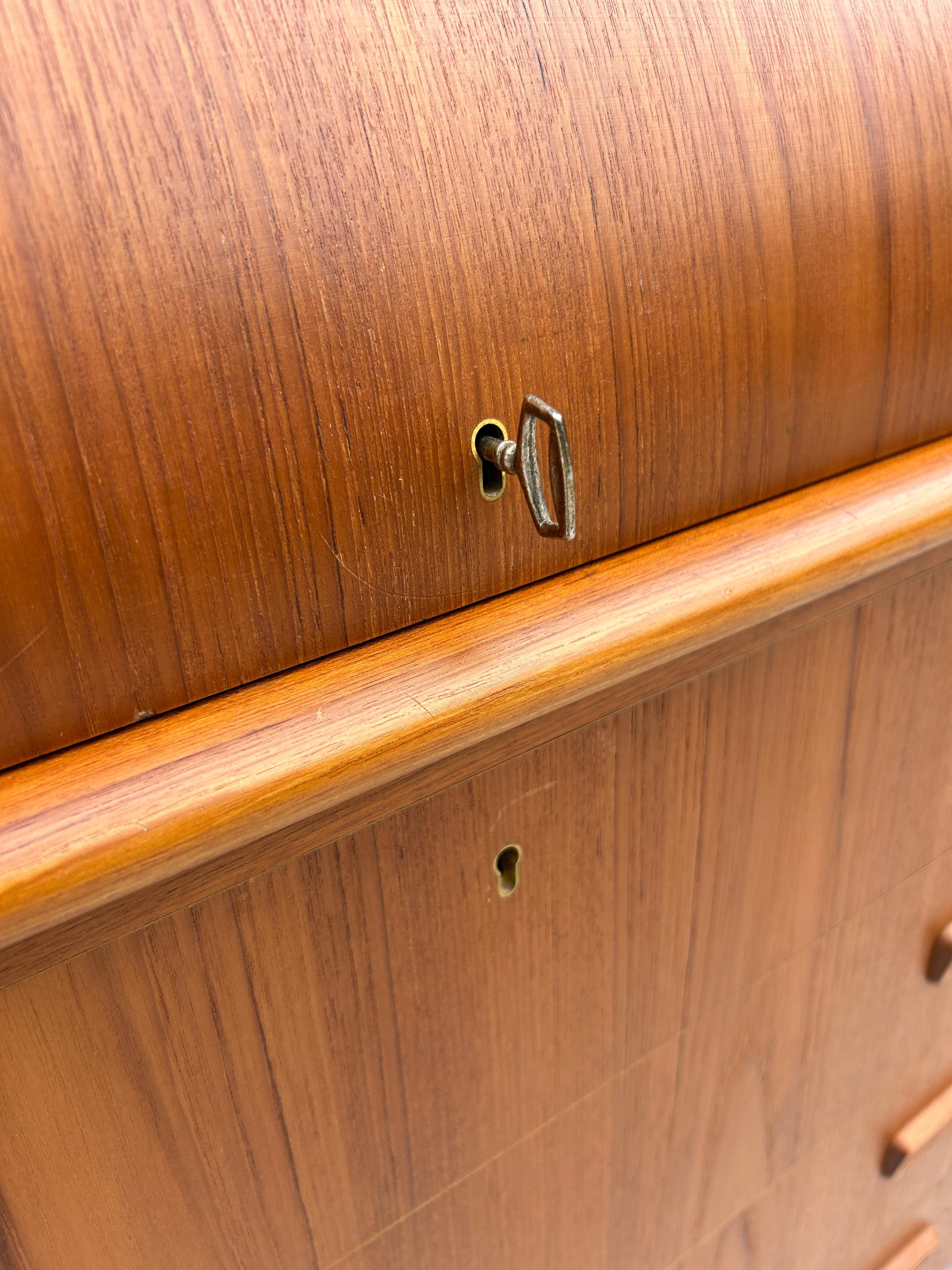 Woodwork Mid century Swedish teak secretary roll top desk dresser with key
