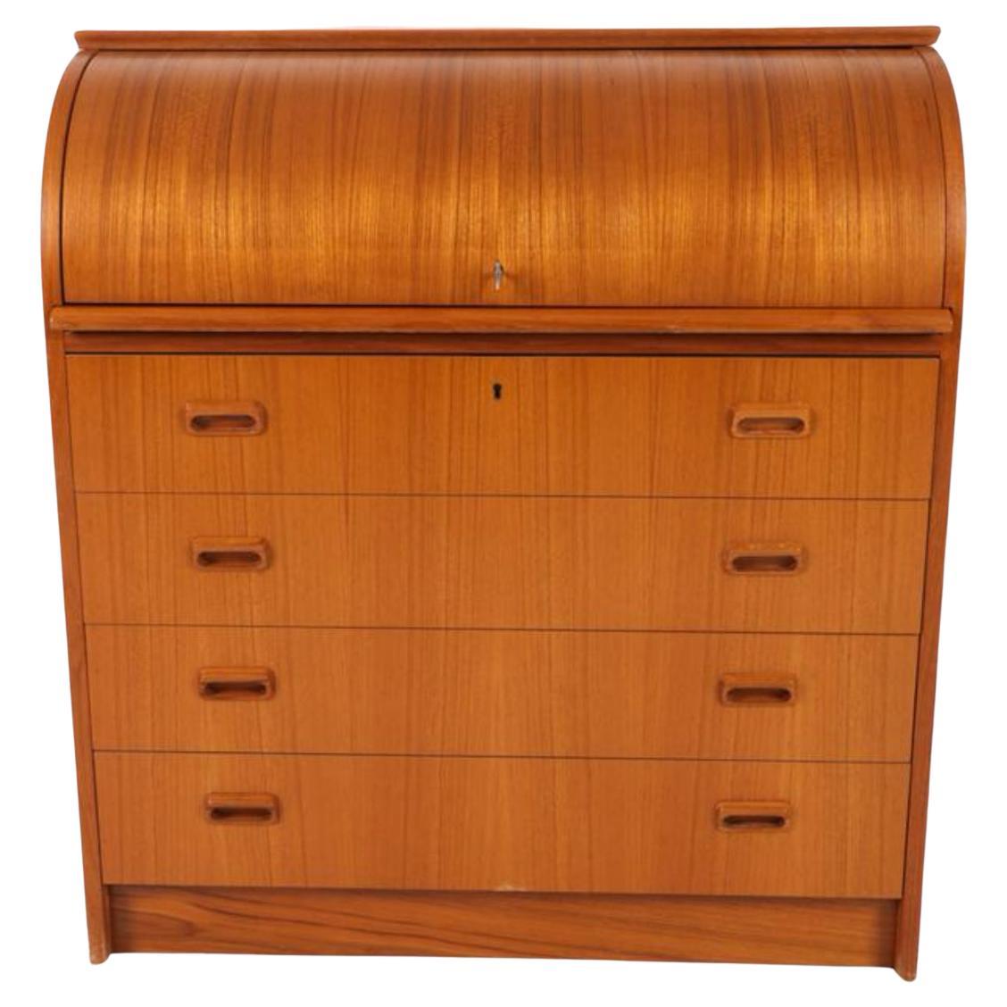 Woodwork Mid century Swedish teak secretary roll top desk dresser with key