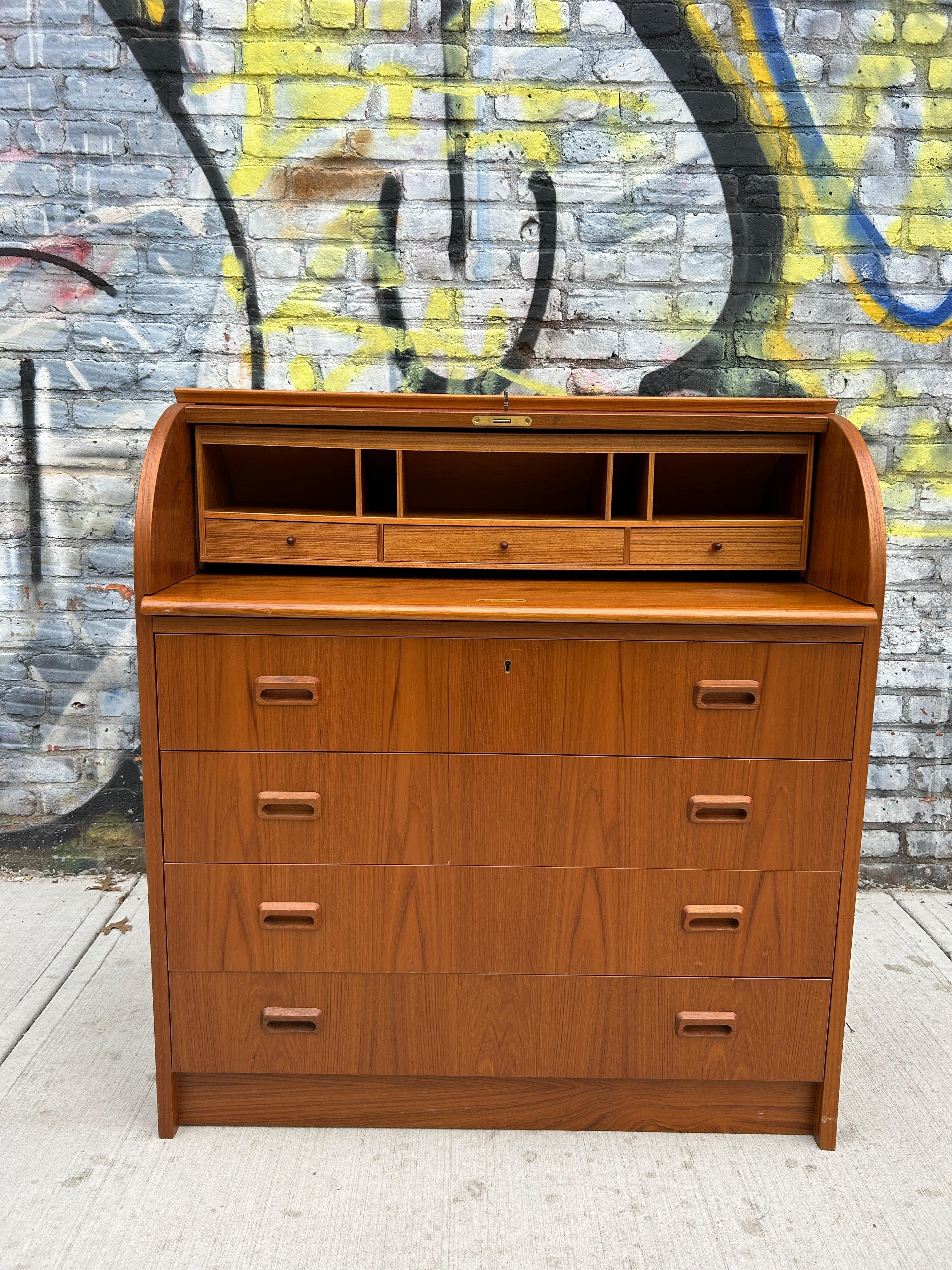Late 20th Century Mid century Swedish teak secretary roll top desk dresser with key