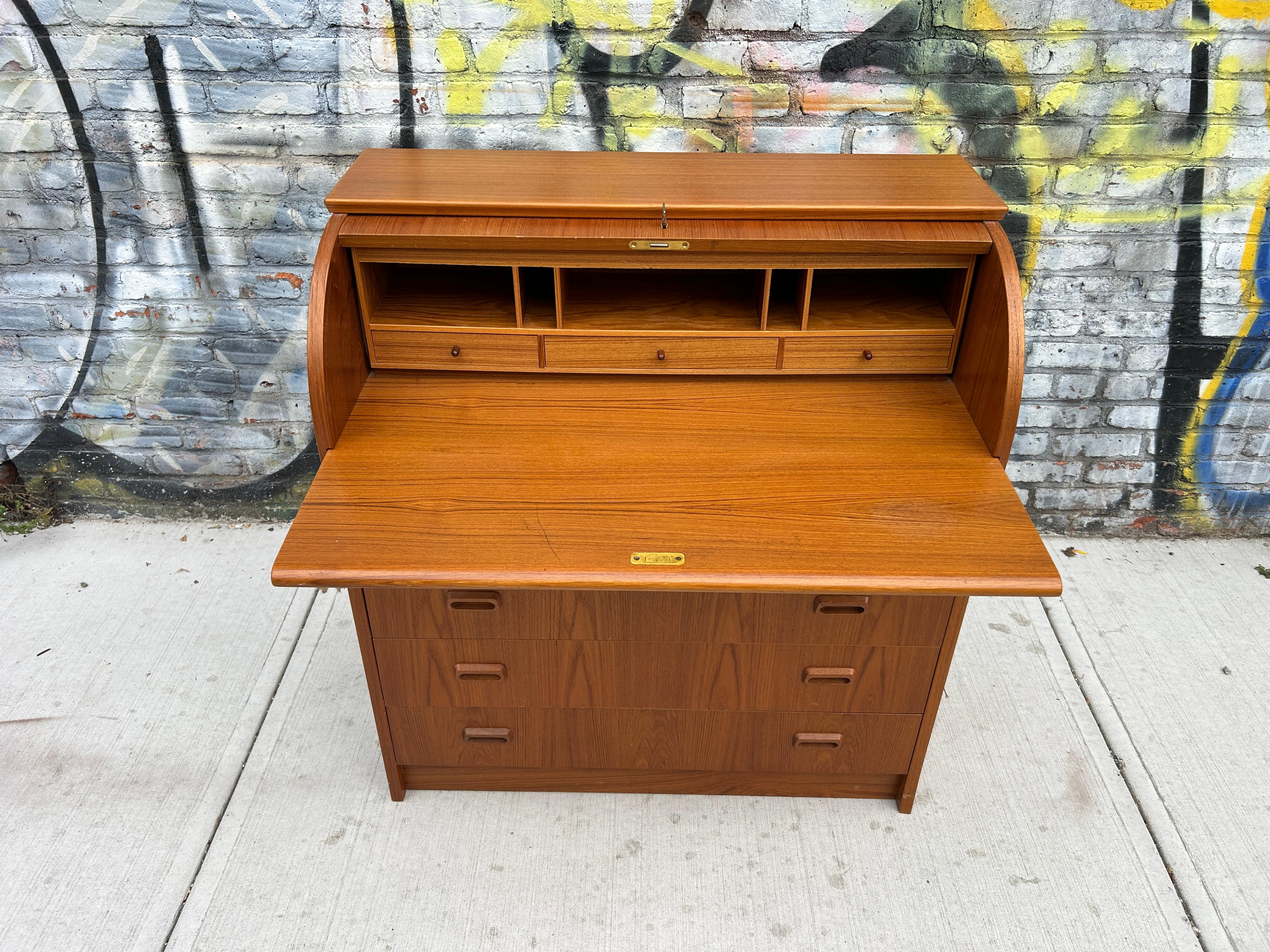 Teak Mid century Swedish teak secretary roll top desk dresser with key