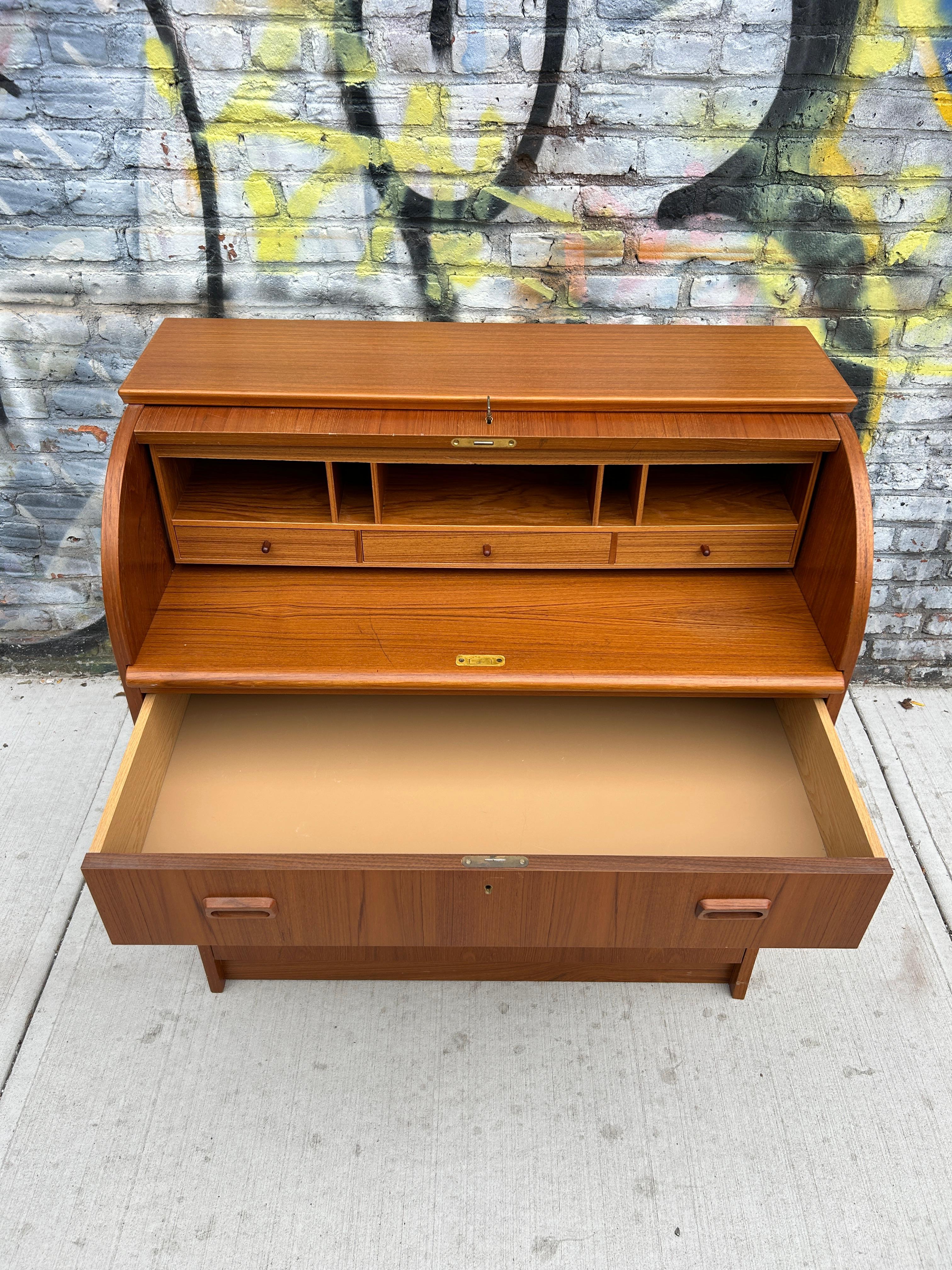 Mid century Swedish teak secretary roll top desk dresser with key 2