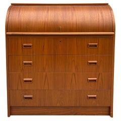 Mid century Swedish teak secretary roll top desk dresser with key