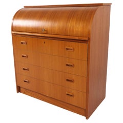 Mid century Swedish teak secretary roll top desk dresser with key