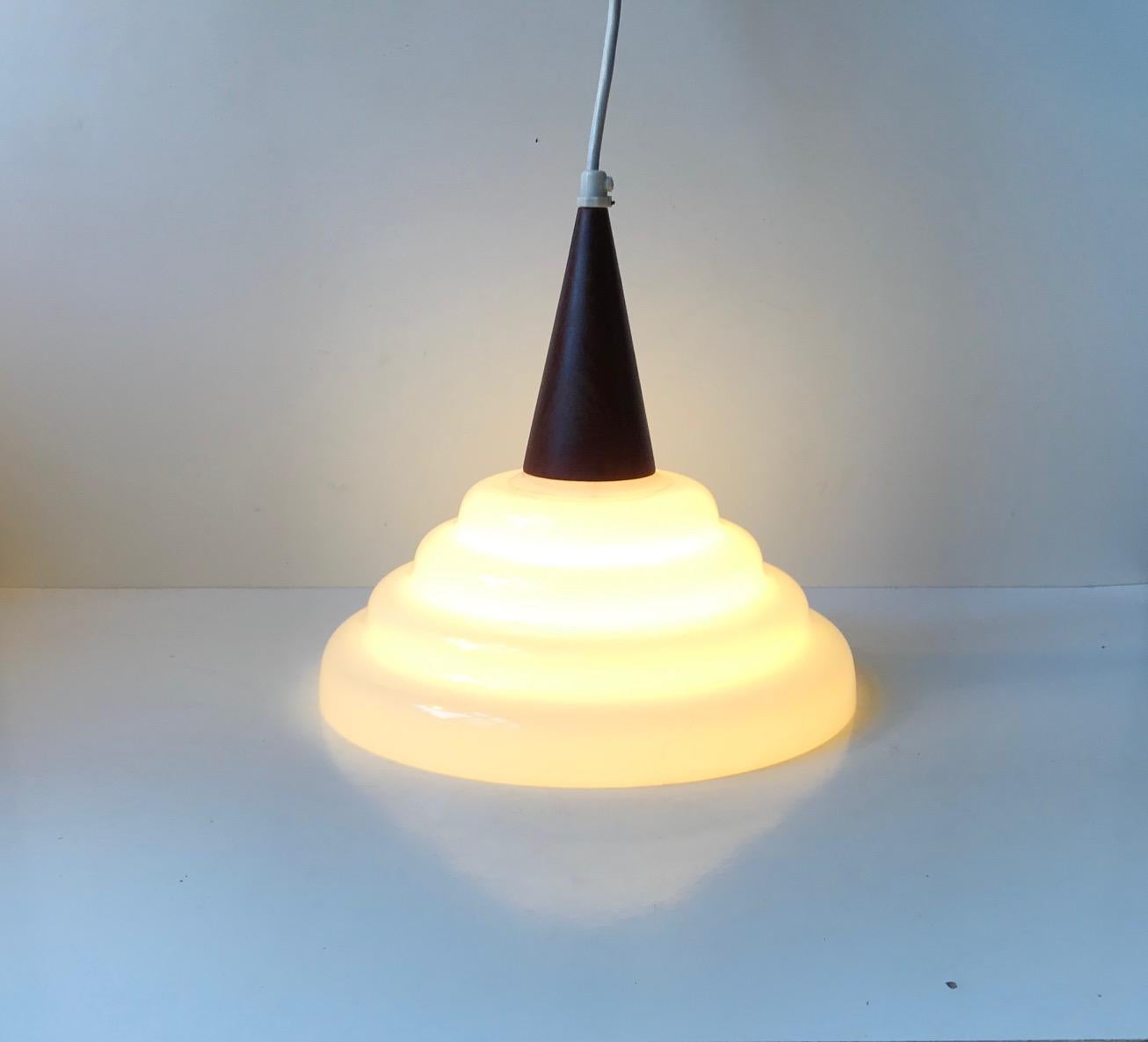 Midcentury Swedish Teak and White Cased Glass Pendant Light, 1960s In Good Condition For Sale In Esbjerg, DK