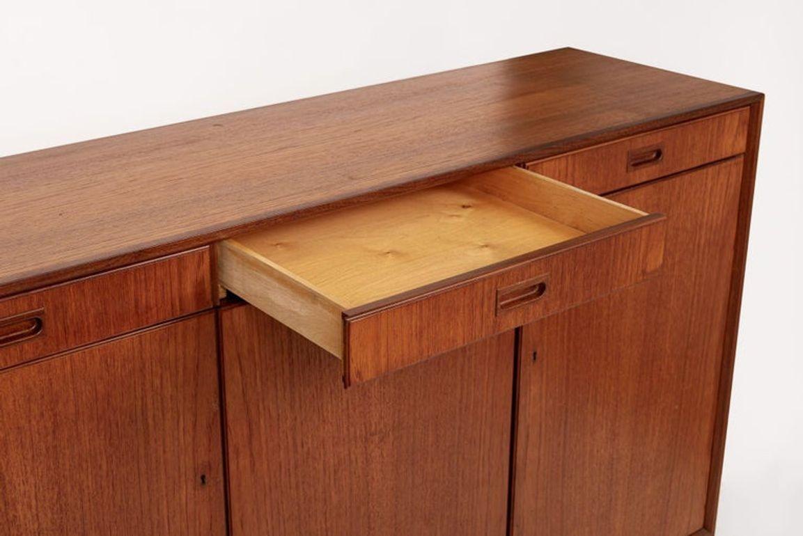 Brass Mid Century Swedish Teak Wood High Cabinet Credenza or Sideboard For Sale