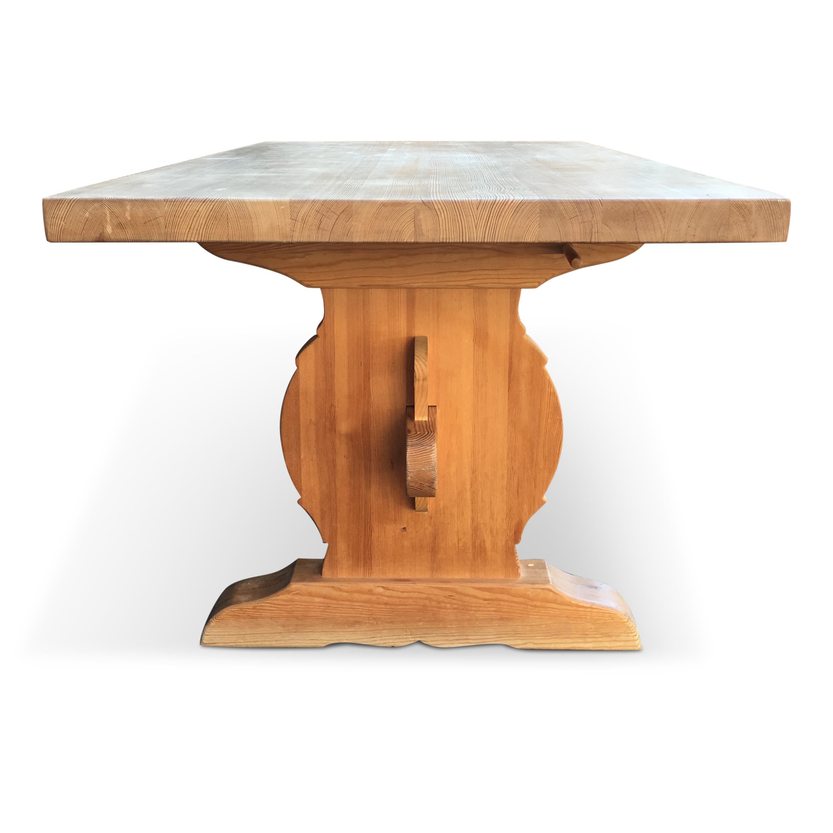 Rustic Midcentury Swedish Trestle Pine Dining Table For Sale