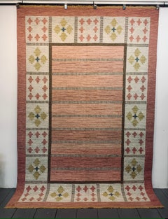 Mid Century Swedish Wool Kilim by Ida Rydelius Geometric Design Tassel Edged