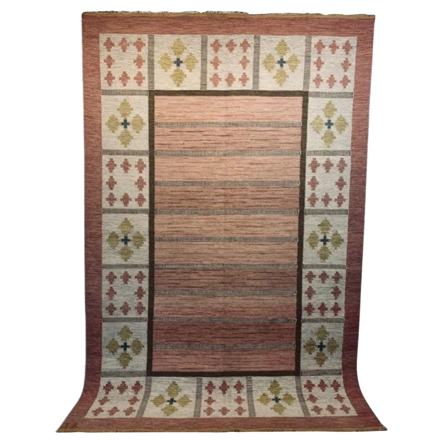 Mid Century Swedish Wool Kilim by Ida Rydelius Geometric Design Tassel Edged