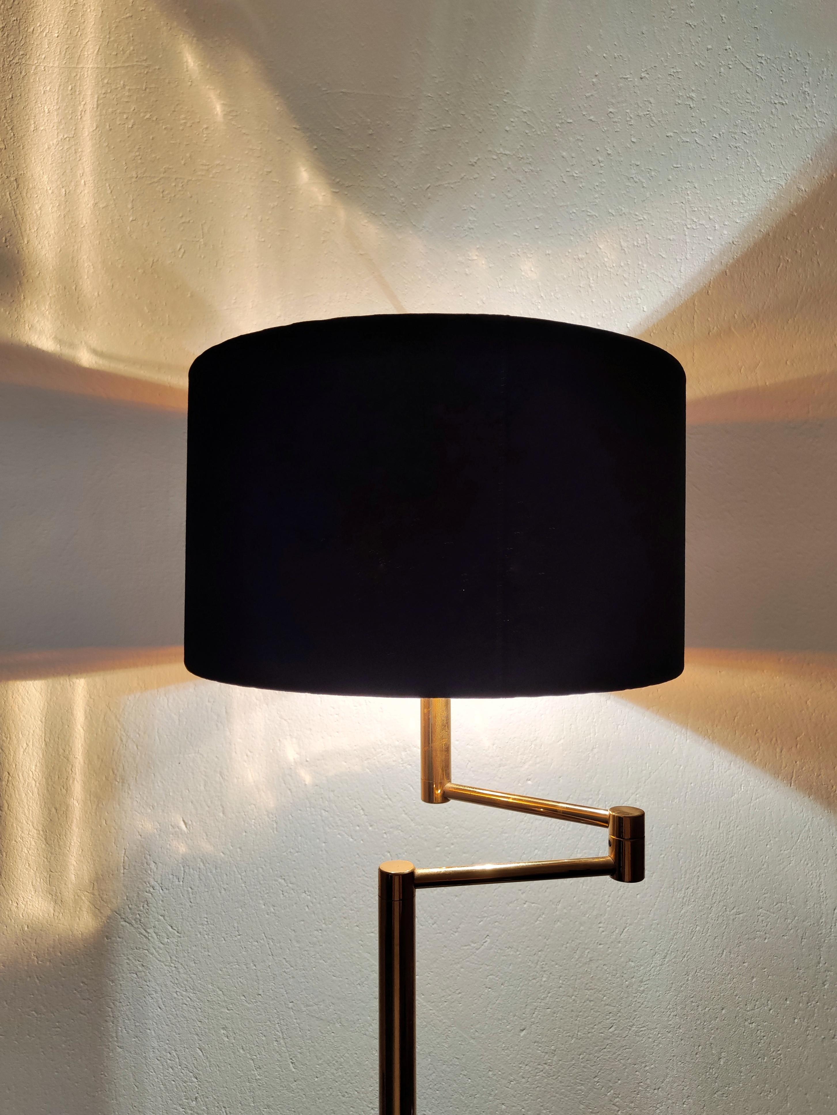 Late 20th Century Mid Century Swing-Arm Brass Floor Lamp with Black Velvet Shade, Germany 1970s For Sale