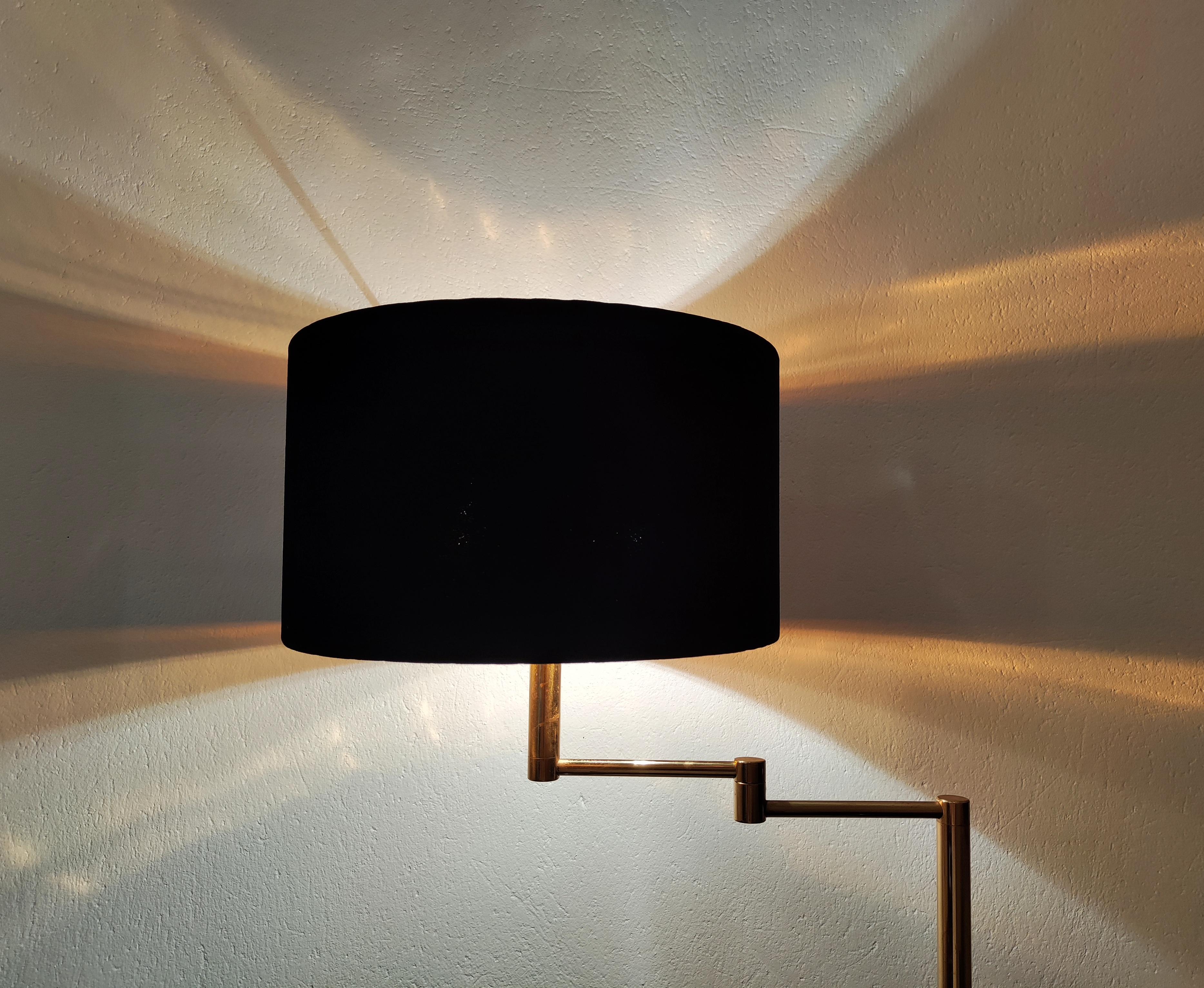 Mid Century Swing-Arm Brass Floor Lamp with Black Velvet Shade, Germany 1970s For Sale 1