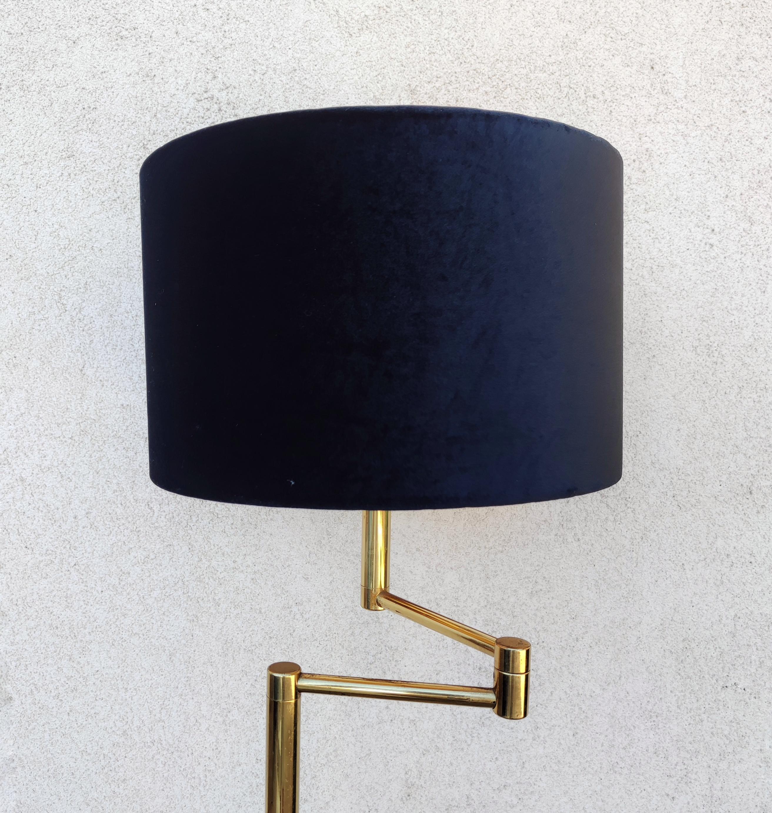Mid Century Swing-Arm Brass Floor Lamp with Black Velvet Shade, Germany 1970s For Sale 2