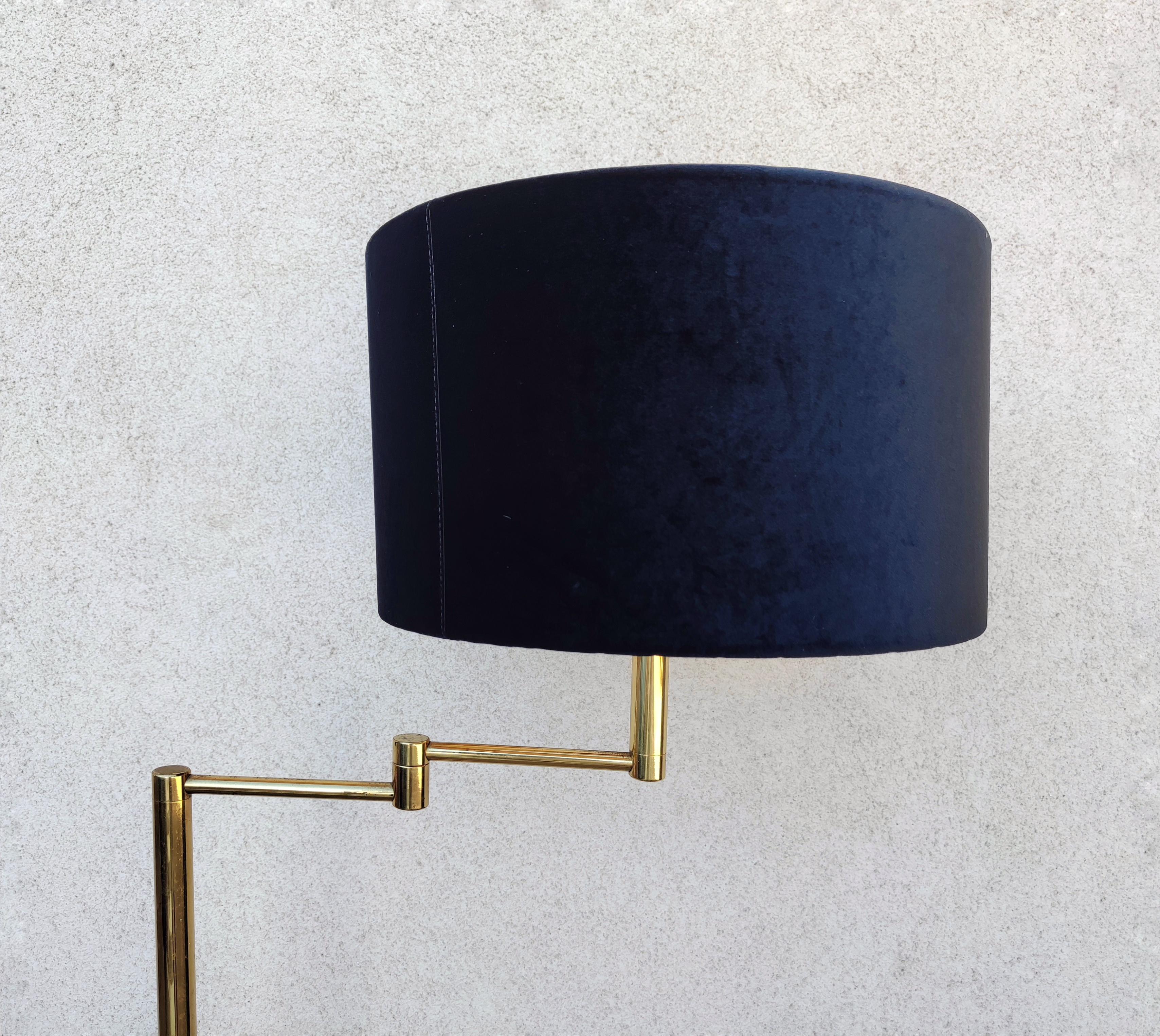 Mid Century Swing-Arm Brass Floor Lamp with Black Velvet Shade, Germany 1970s For Sale 3