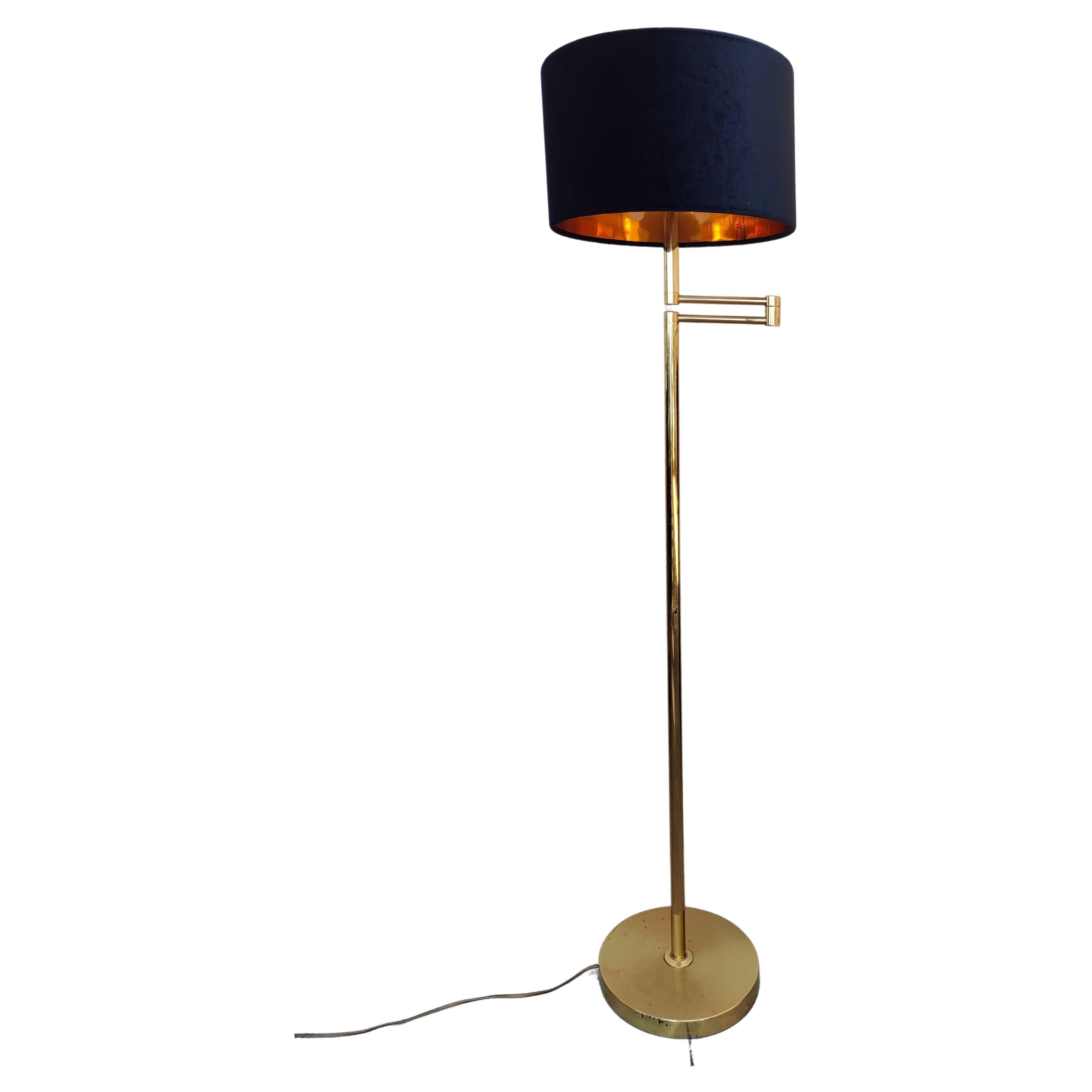 Mid Century Swing-Arm Brass Floor Lamp with Black Velvet Shade, Germany 1970s For Sale