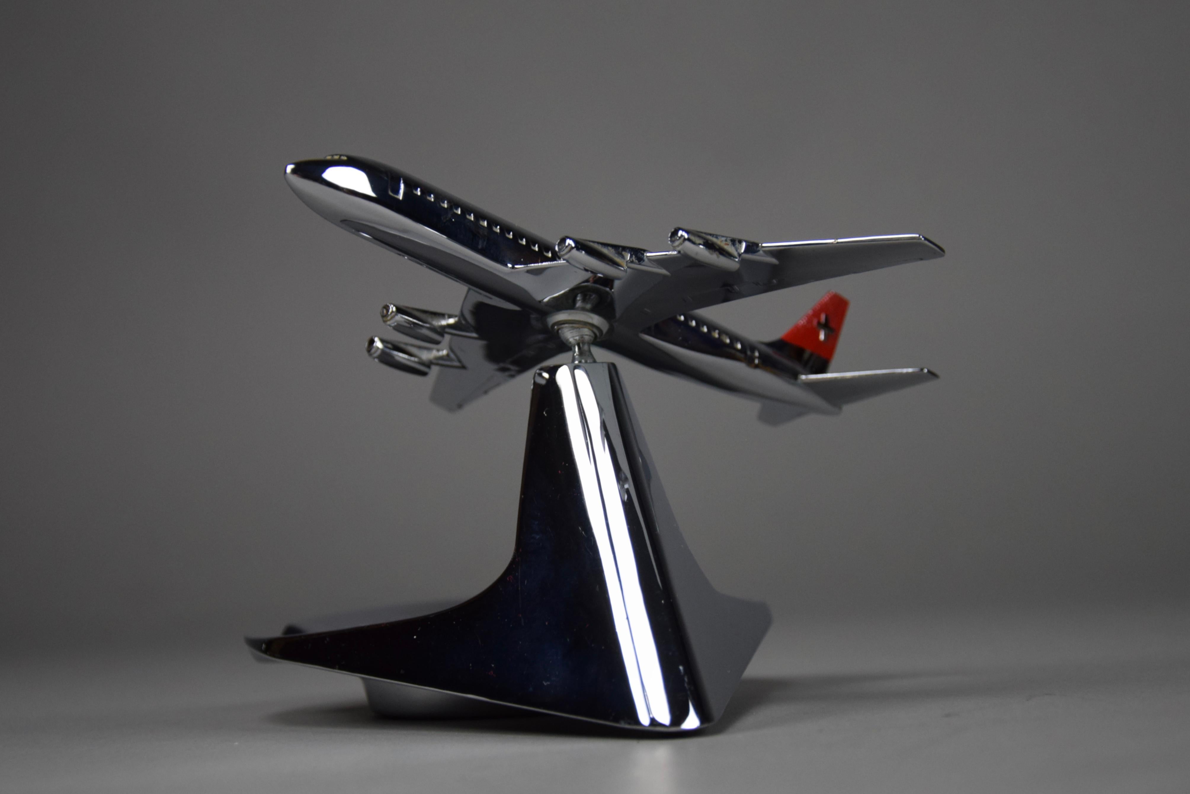 Metal Mid Century Swiss Air DC-8 Chrome Plated Ashtray For Sale