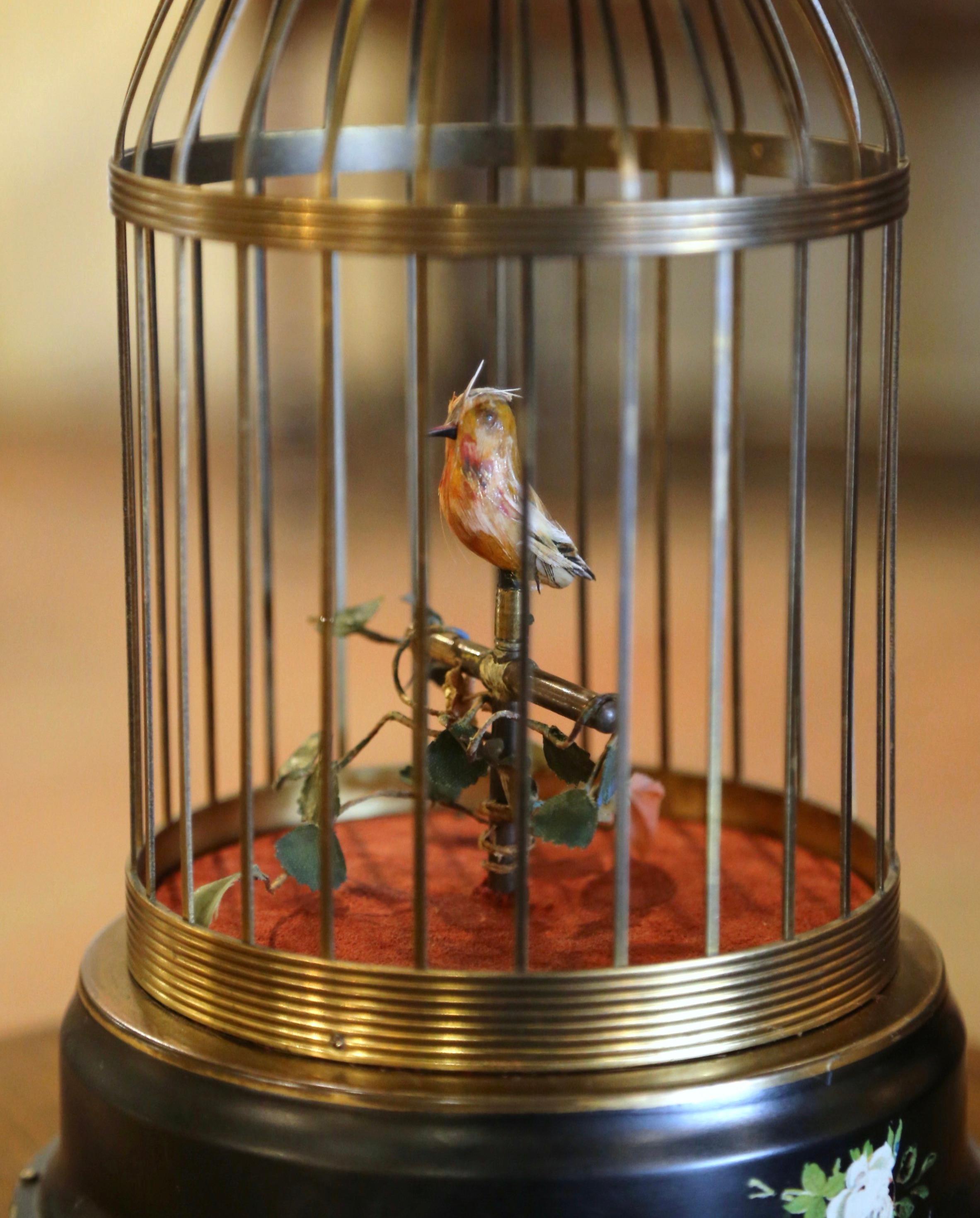 Hand-Crafted Mid-Century Swiss Automaton Brass Cage with Moving and Singing Bird For Sale