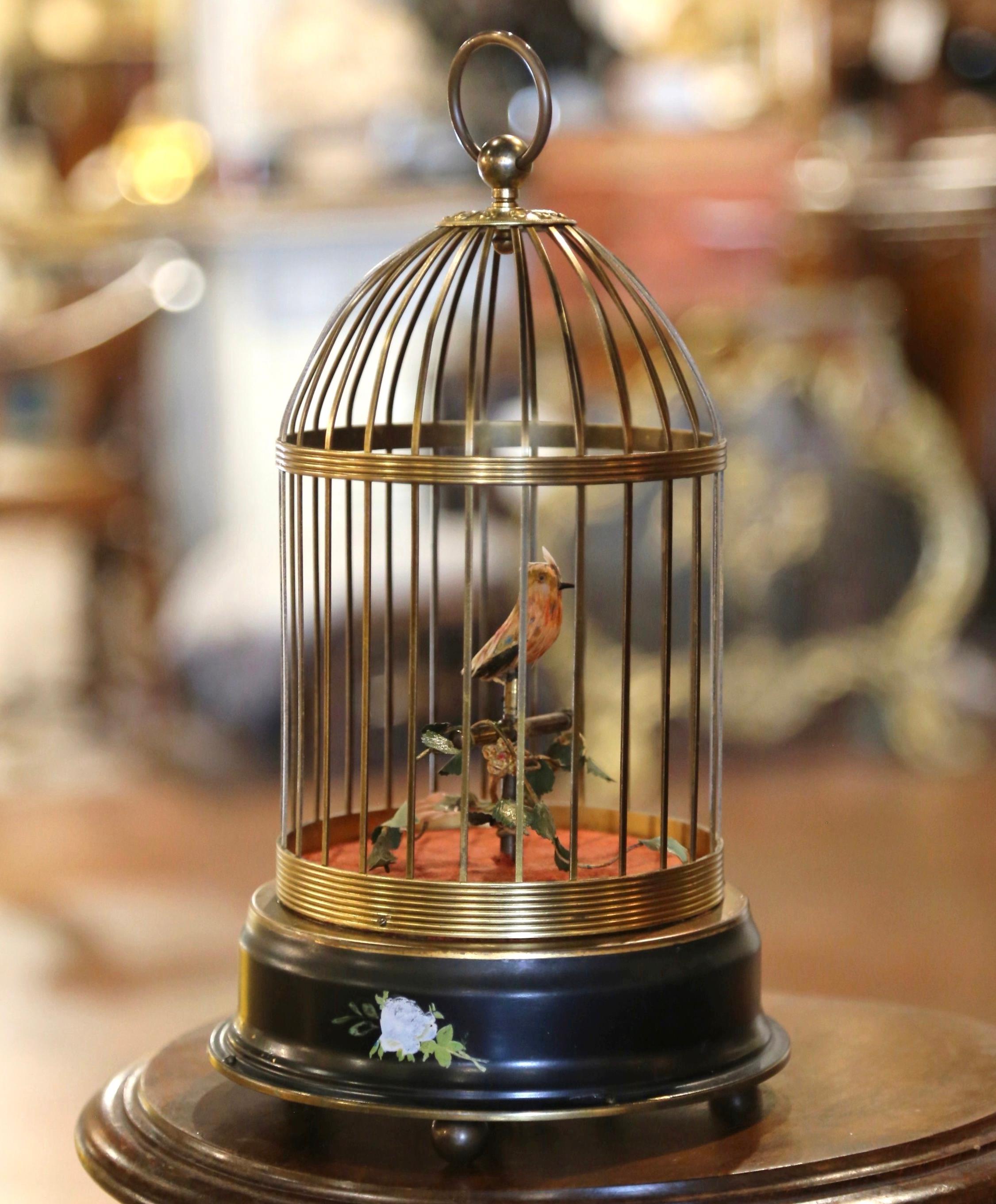 Mid-Century Swiss Automaton Brass Cage with Moving and Singing Bird In Excellent Condition For Sale In Dallas, TX