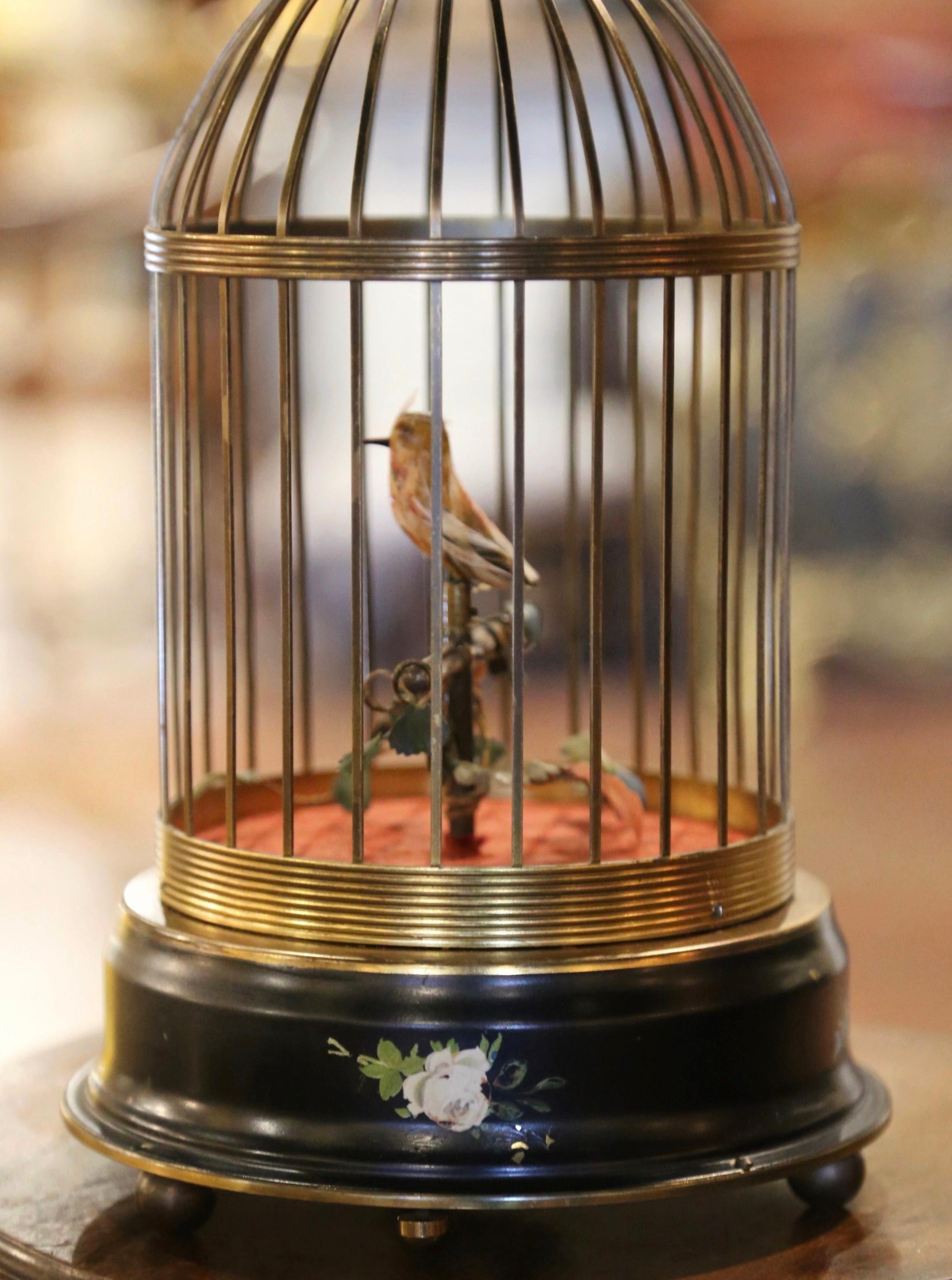 20th Century Mid-Century Swiss Automaton Brass Cage with Moving and Singing Bird For Sale