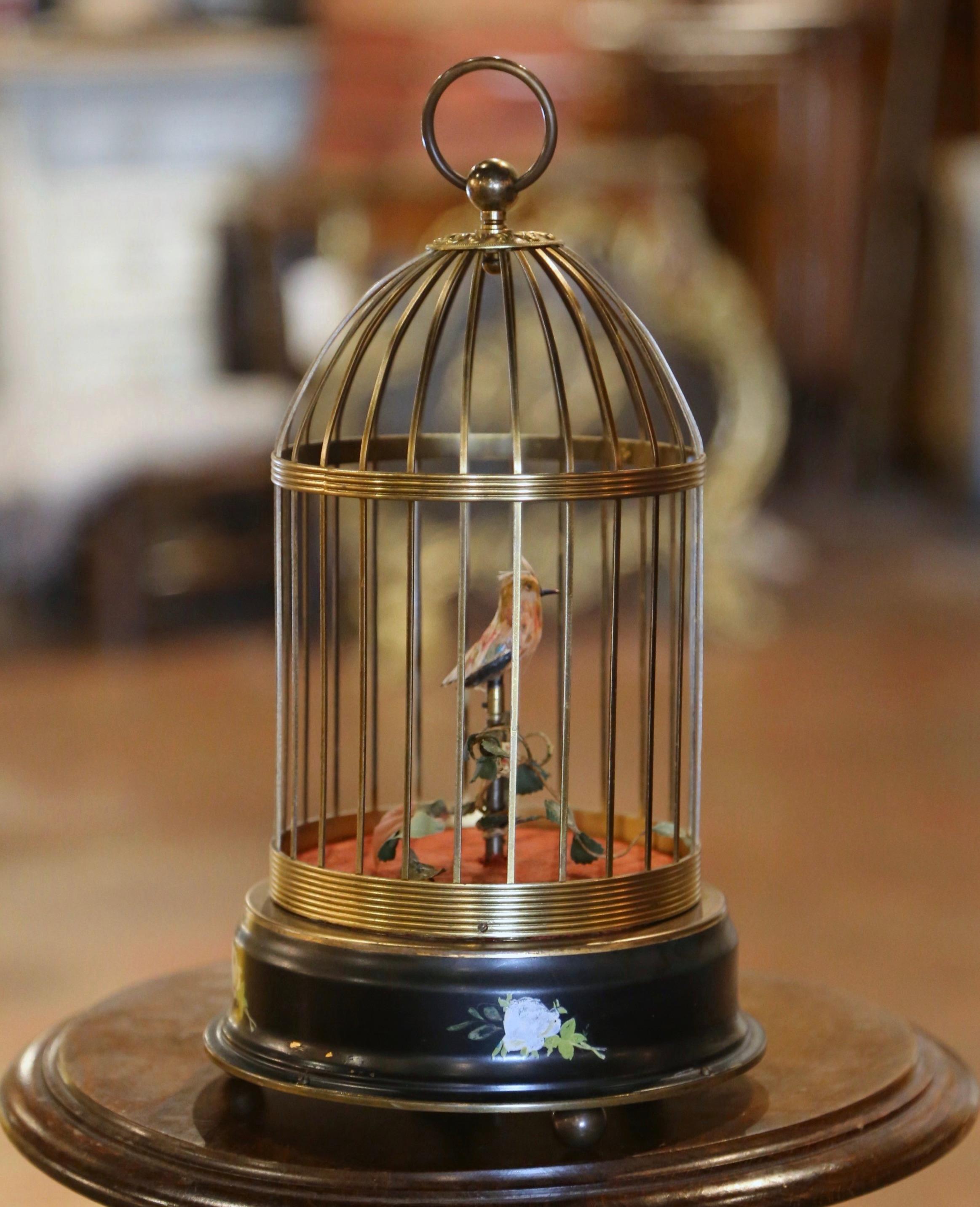 Mid-Century Swiss Automaton Brass Cage with Moving and Singing Bird For Sale 1