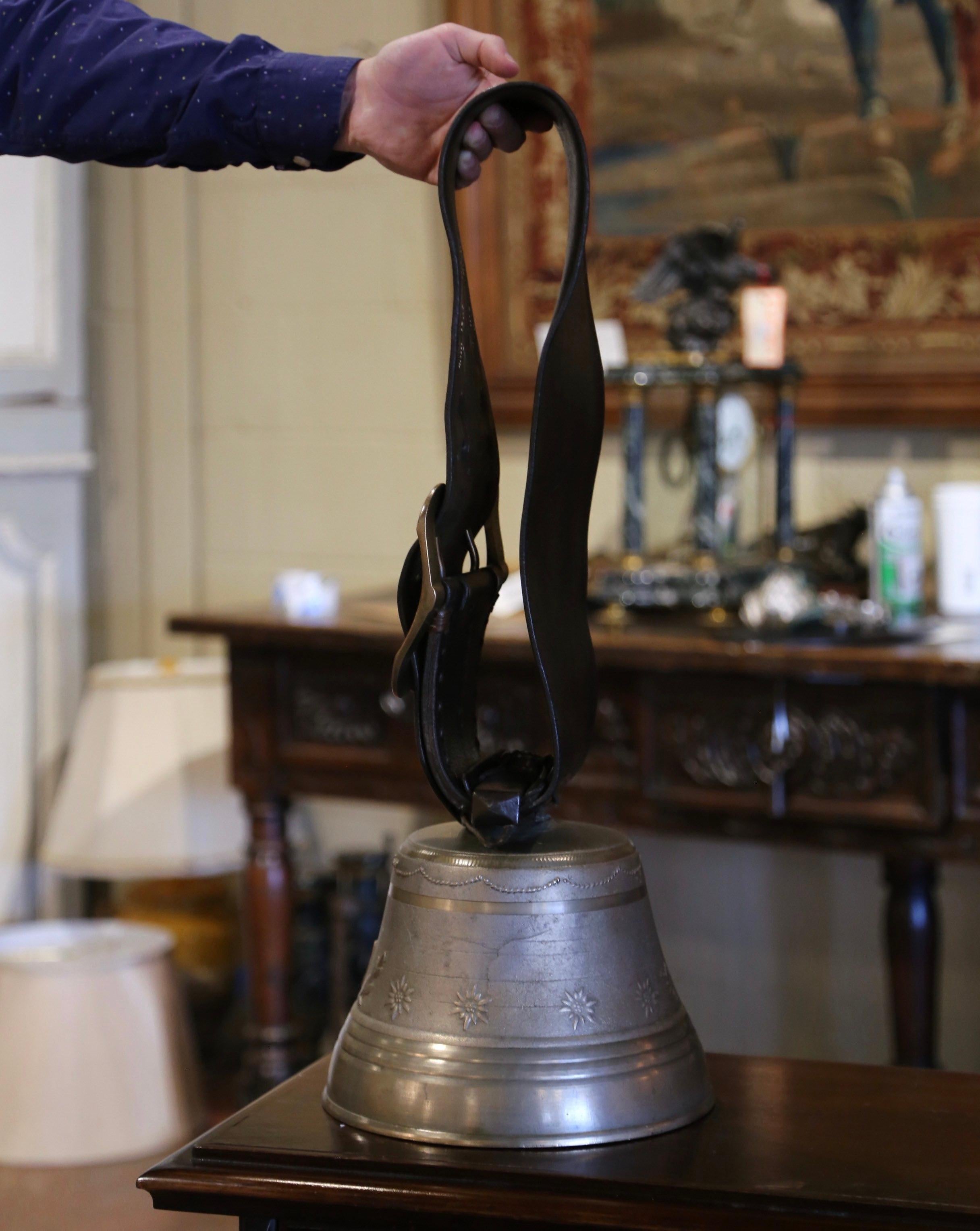 Mid-Century Swiss Bronze Cow Bell with Original Leather Strap and Buckle Dated 4