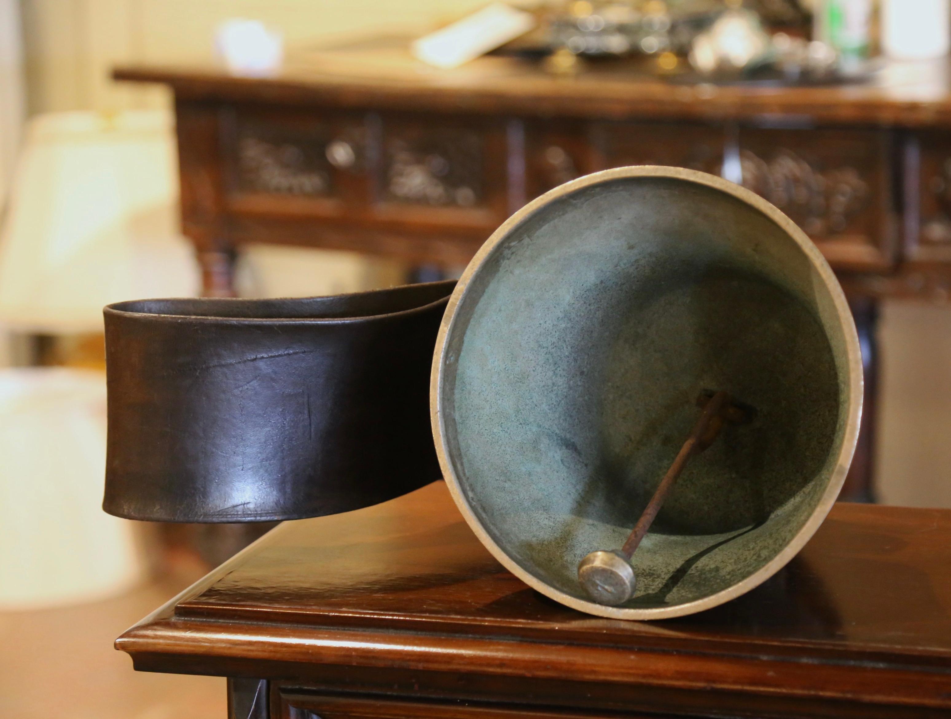 Mid-Century Swiss Bronze Cow Bell with Original Leather Strap and Buckle Dated 5