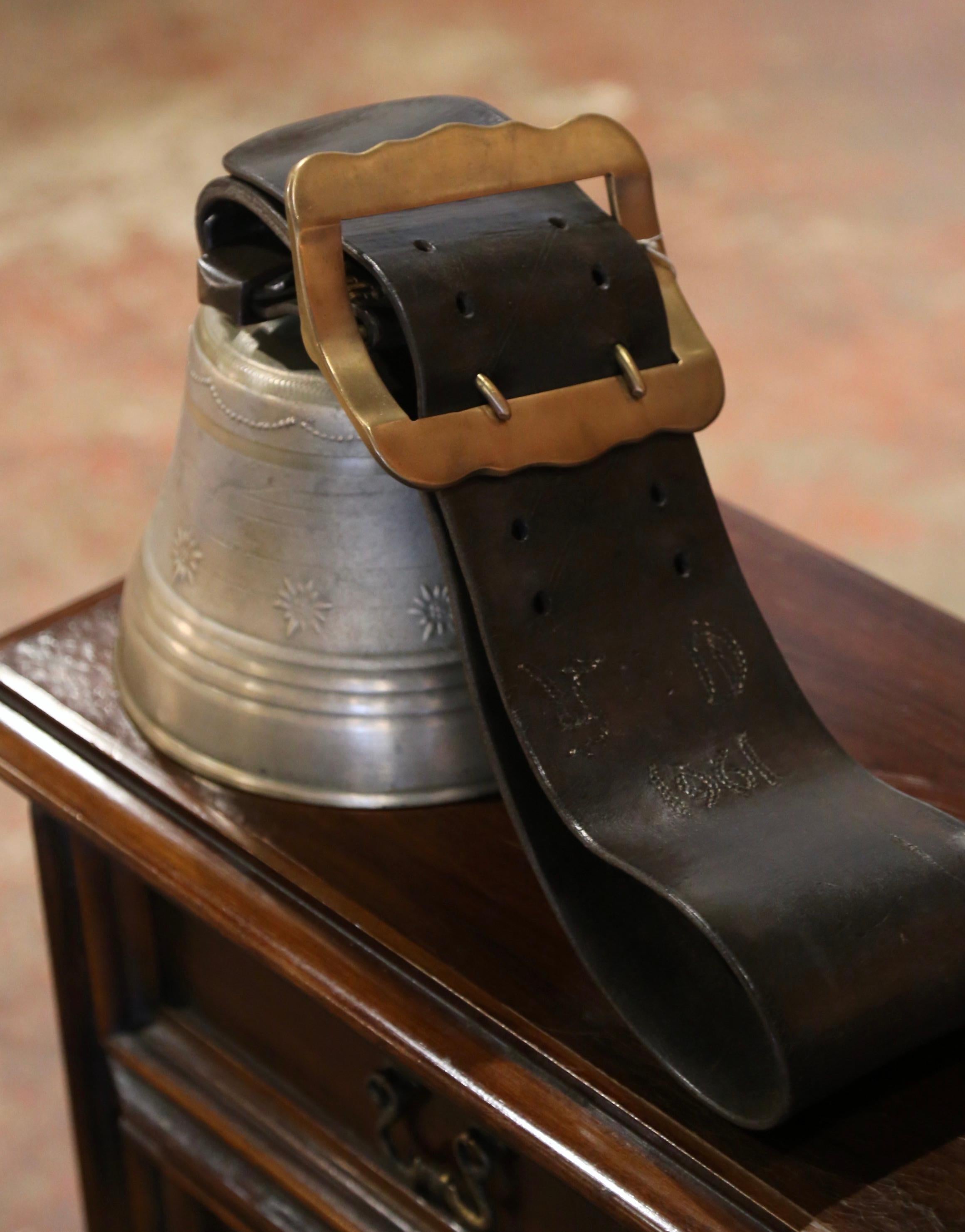 Country Mid-Century Swiss Bronze Cow Bell with Original Leather Strap and Buckle Dated