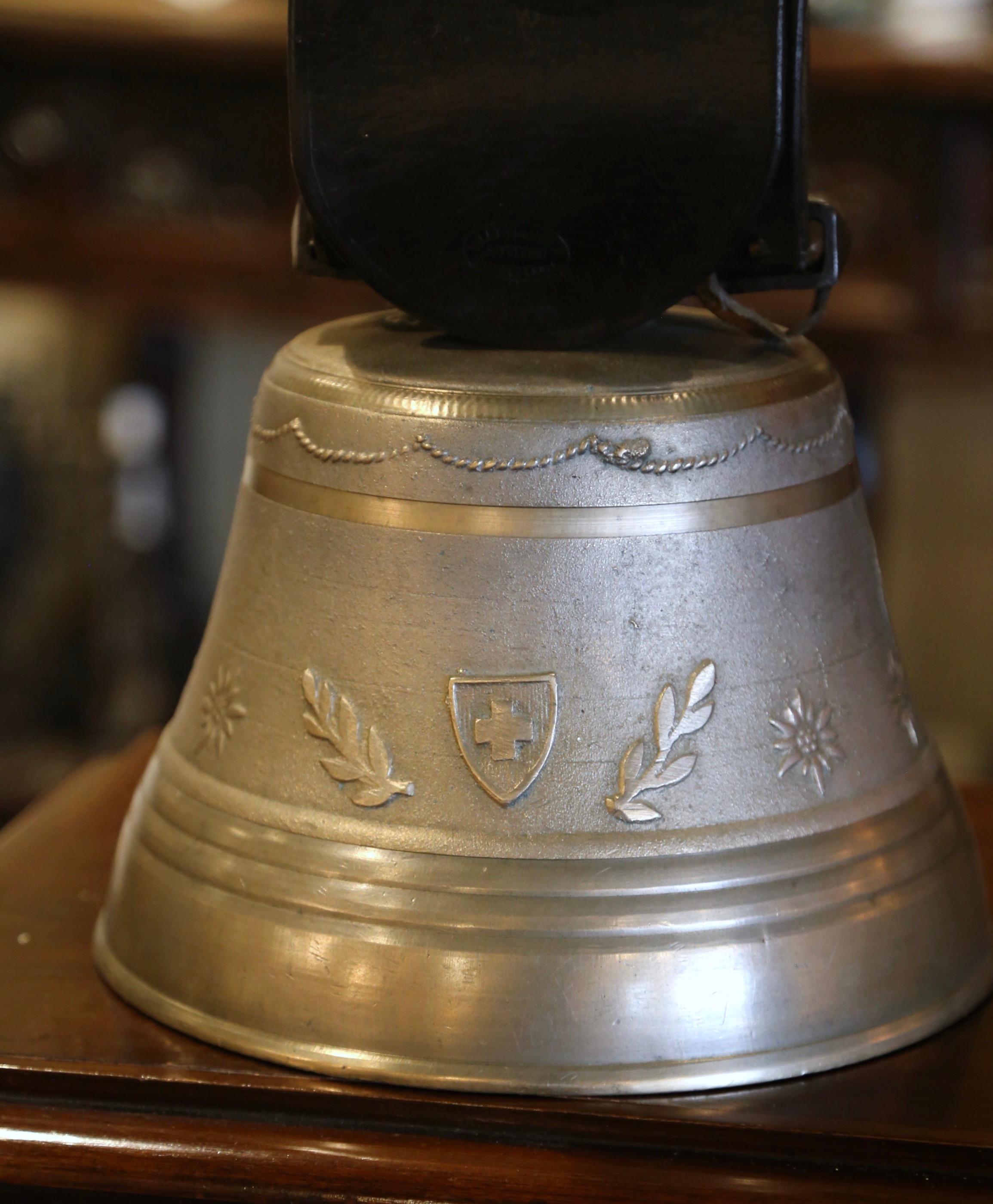 Hand-Crafted Mid-Century Swiss Bronze Cow Bell with Original Leather Strap and Buckle Dated