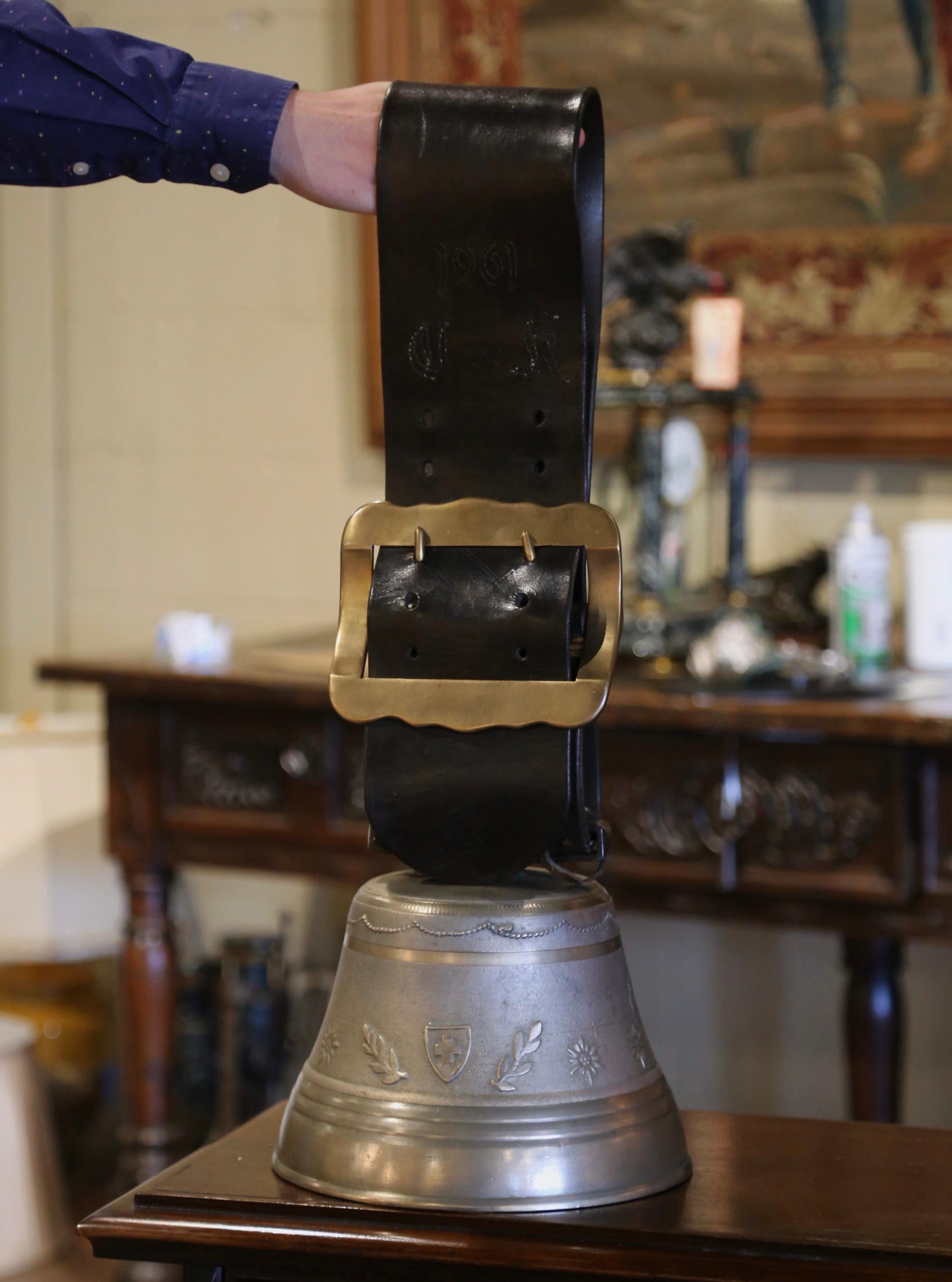 Mid-Century Swiss Bronze Cow Bell with Original Leather Strap and Buckle Dated In Excellent Condition In Dallas, TX