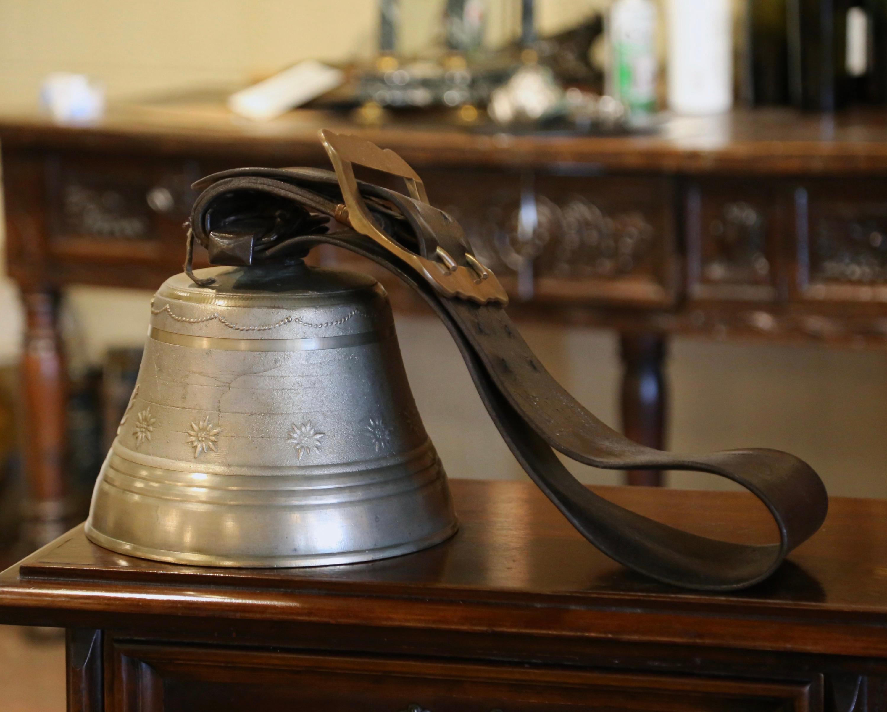 20th Century Mid-Century Swiss Bronze Cow Bell with Original Leather Strap and Buckle Dated