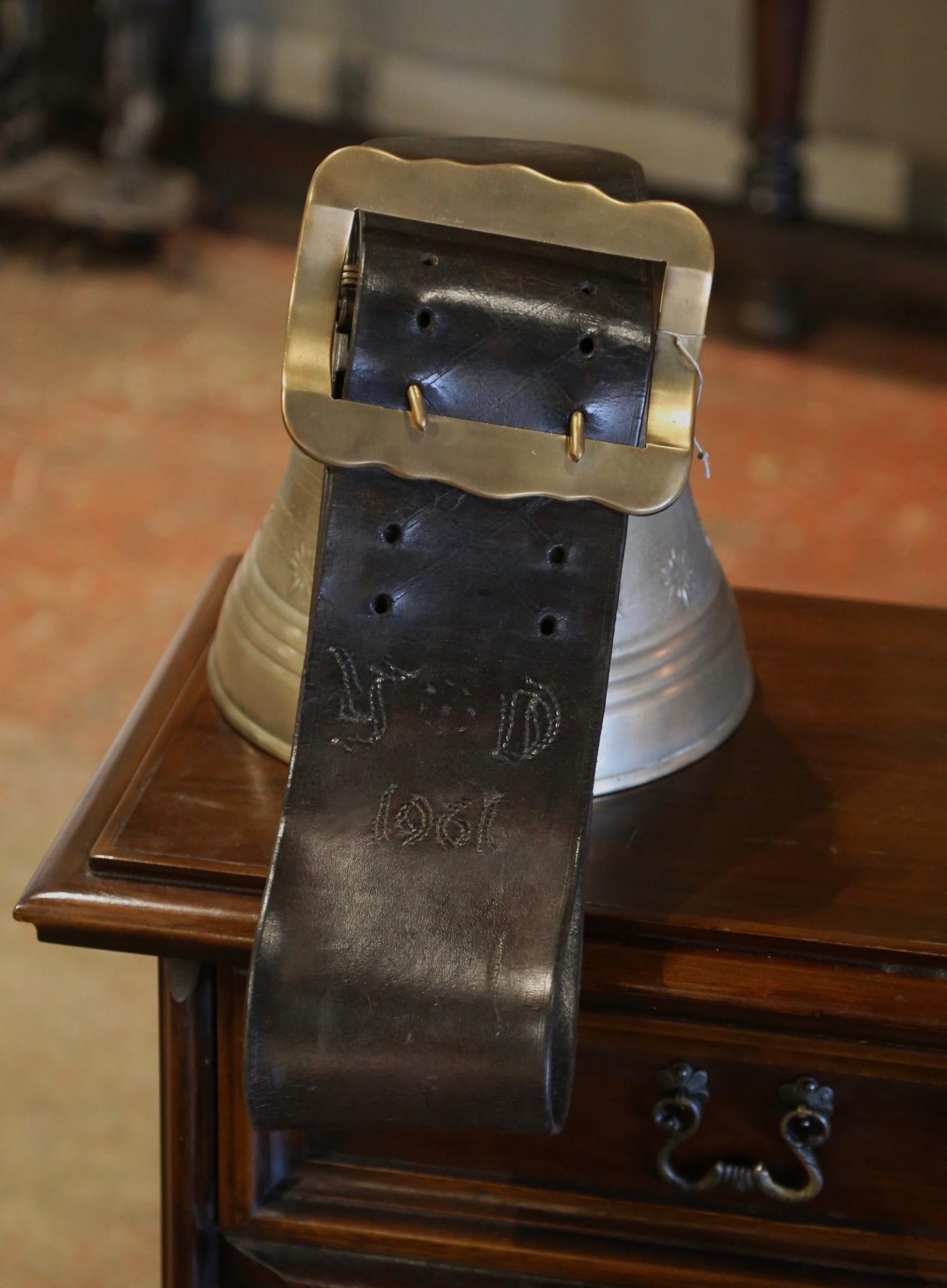 Mid-Century Swiss Bronze Cow Bell with Original Leather Strap and Buckle Dated 1