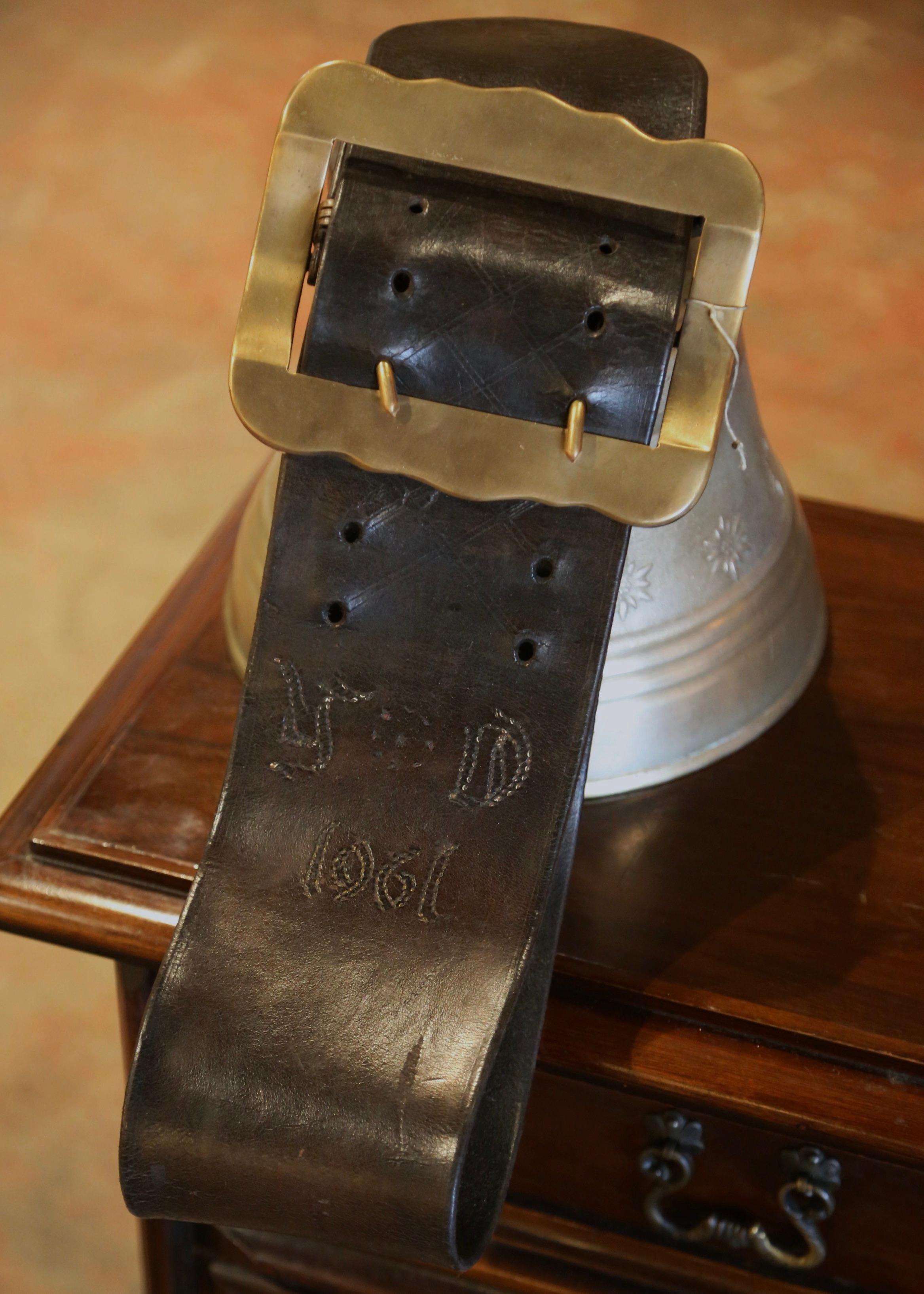 Mid-Century Swiss Bronze Cow Bell with Original Leather Strap and Buckle Dated 2