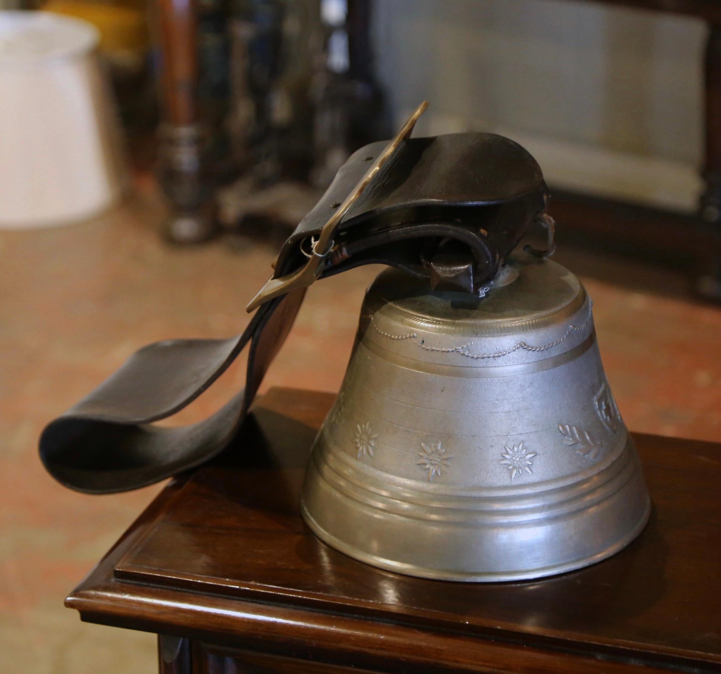 Mid-Century Swiss Bronze Cow Bell with Original Leather Strap and Buckle Dated 3