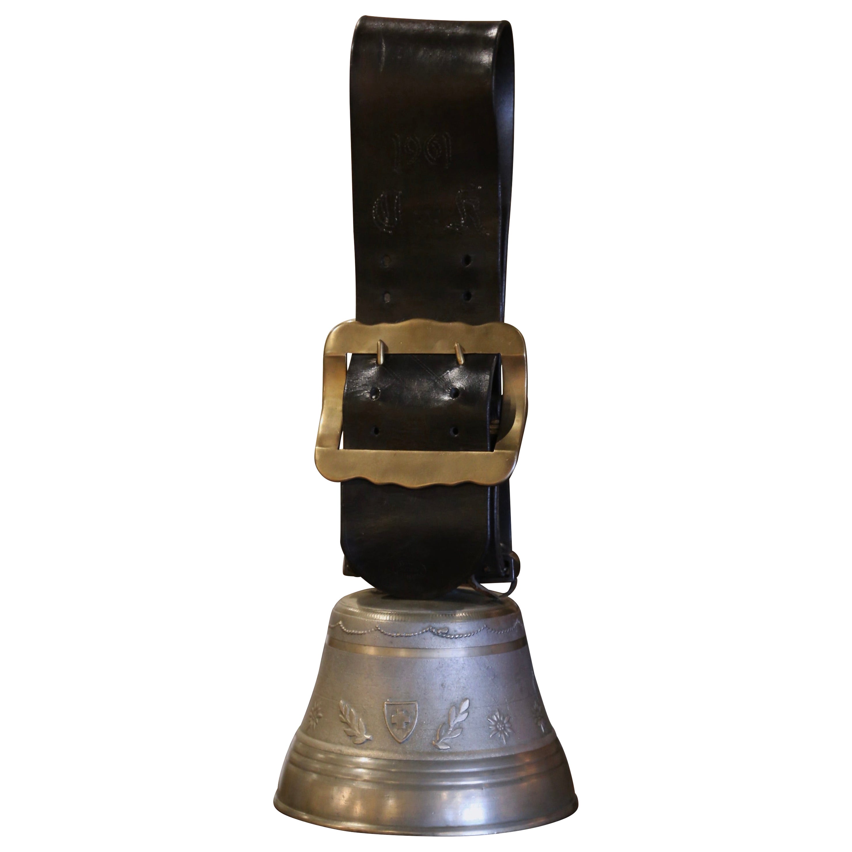 Mid-Century Swiss Bronze Cow Bell with Original Leather Strap and Buckle Dated