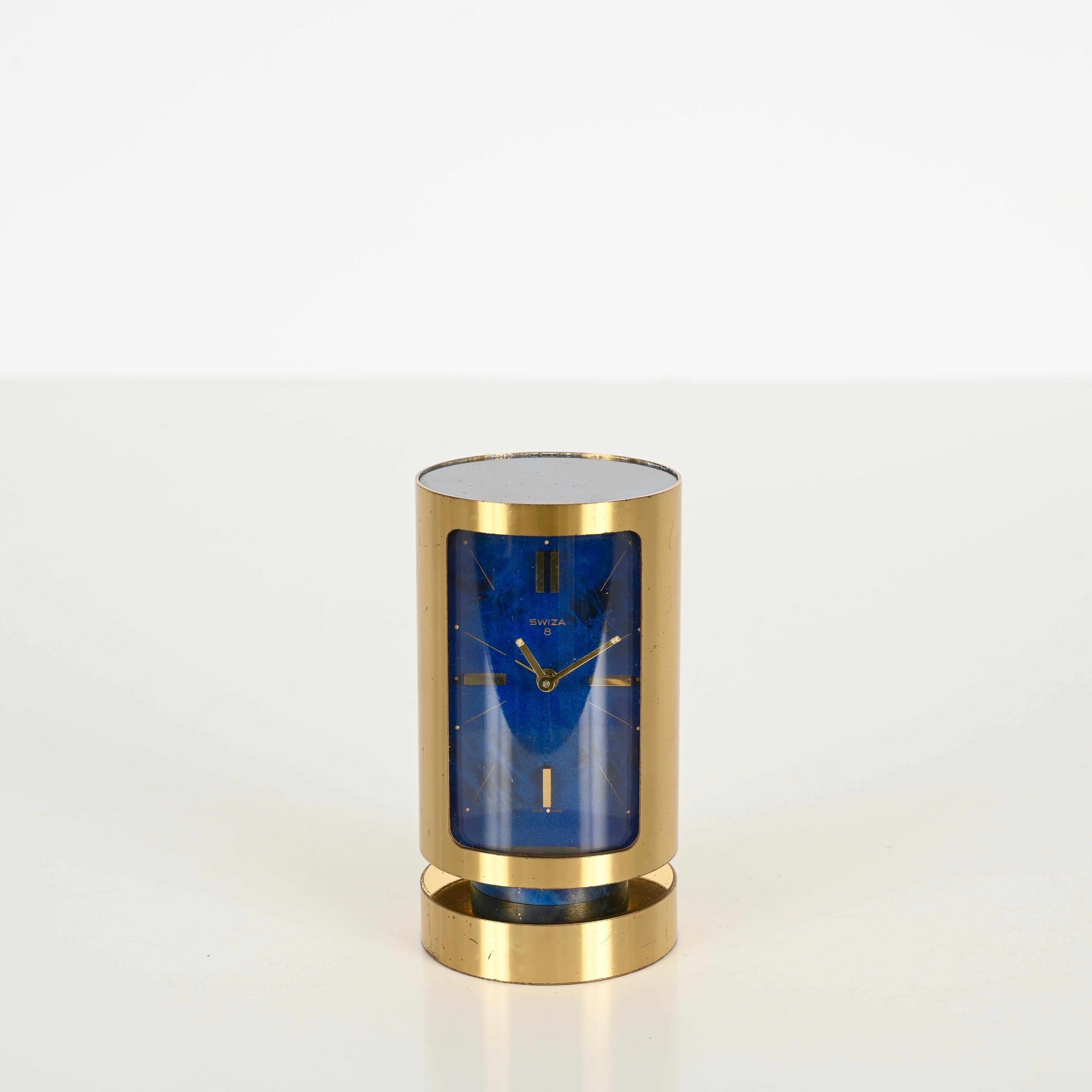 Mid-Century Swiss Gilt Brass & Lapis Lazuli Swiza 8 Day Alarm Clock, 1960s For Sale 4