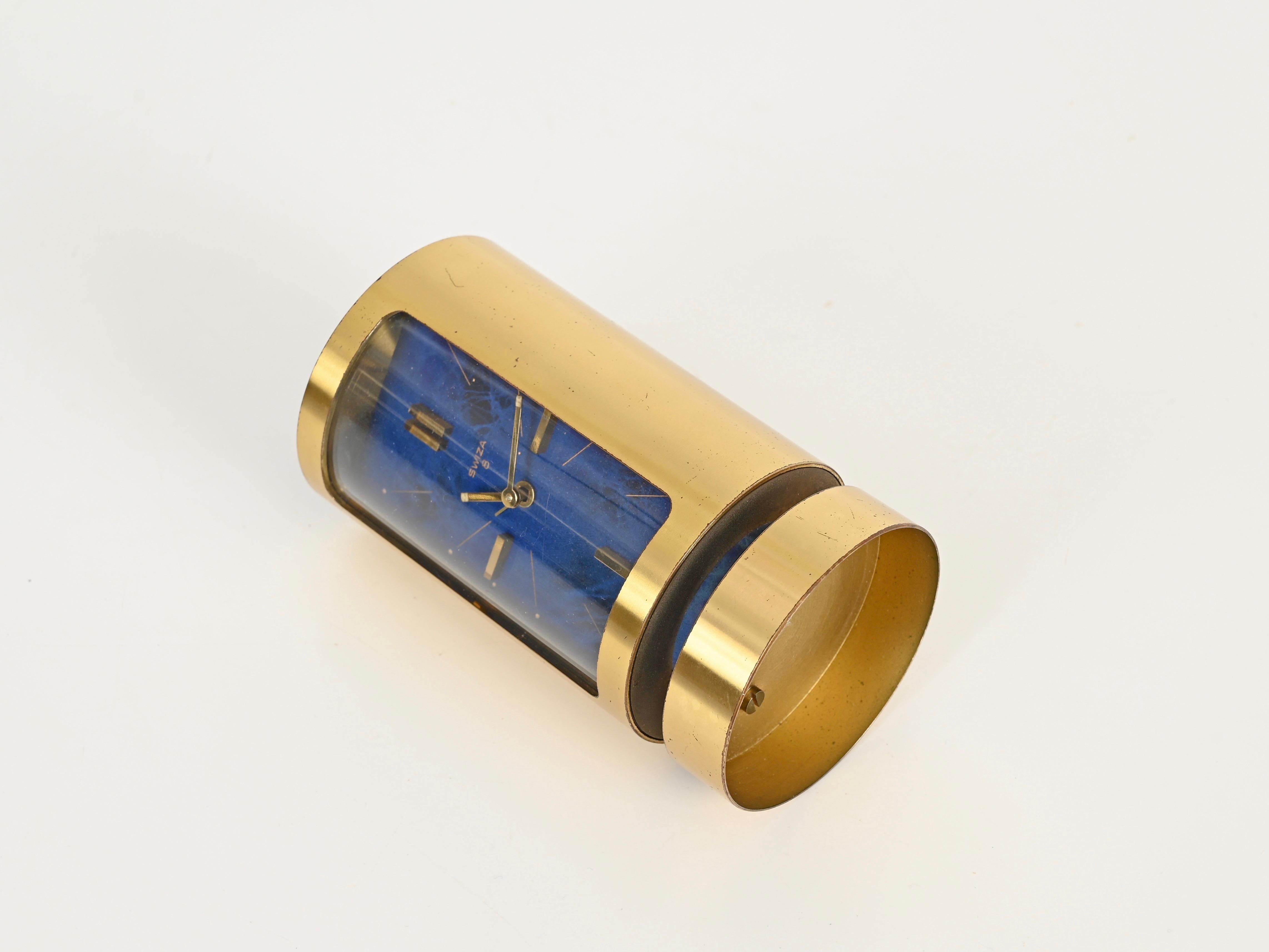Mid-Century Swiss Gilt Brass & Lapis Lazuli Swiza 8 Day Alarm Clock, 1960s For Sale 5