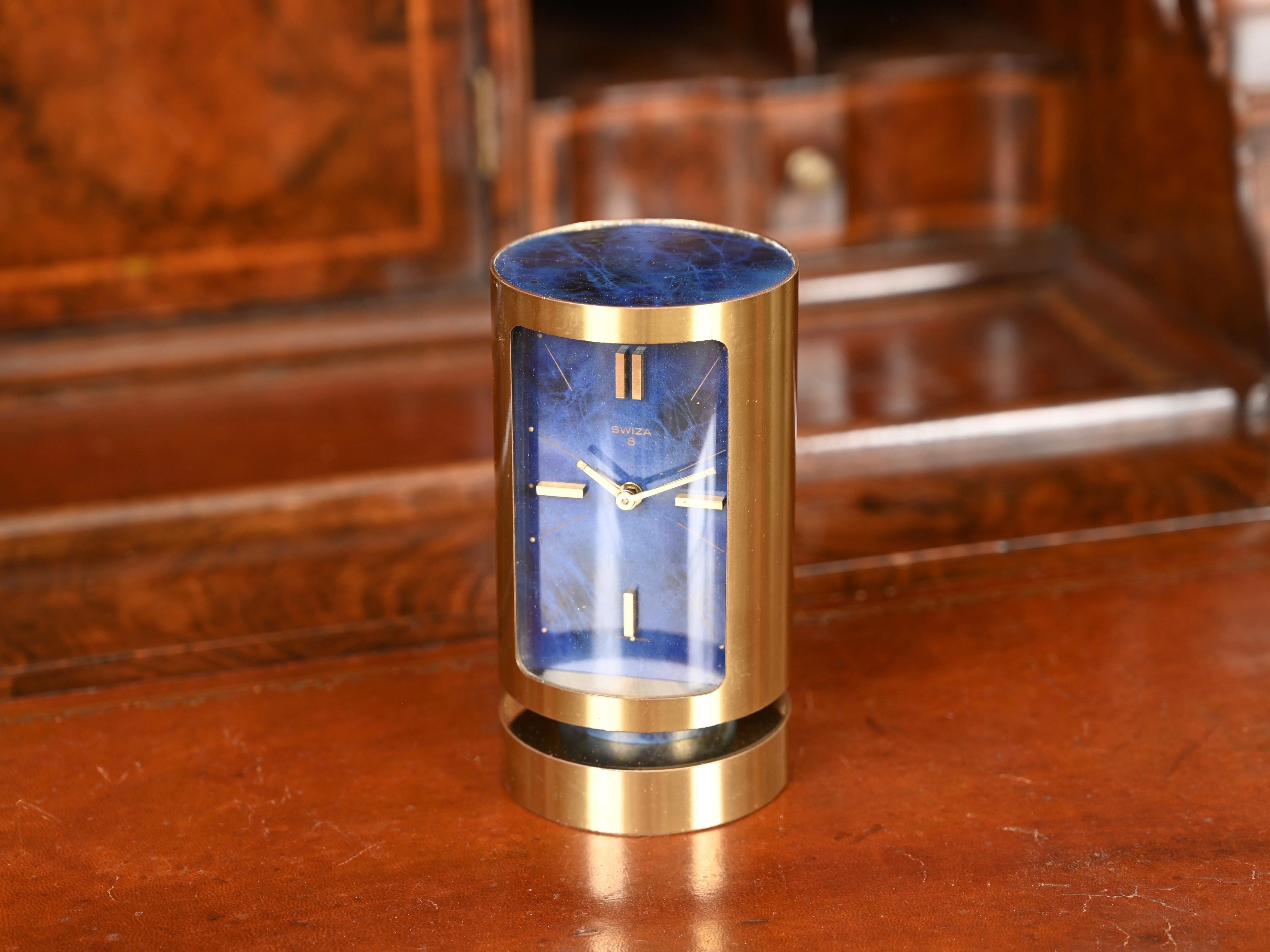 Mid-Century Modern Mid-Century Swiss Gilt Brass & Lapis Lazuli Swiza 8 Day Alarm Clock, 1960s For Sale