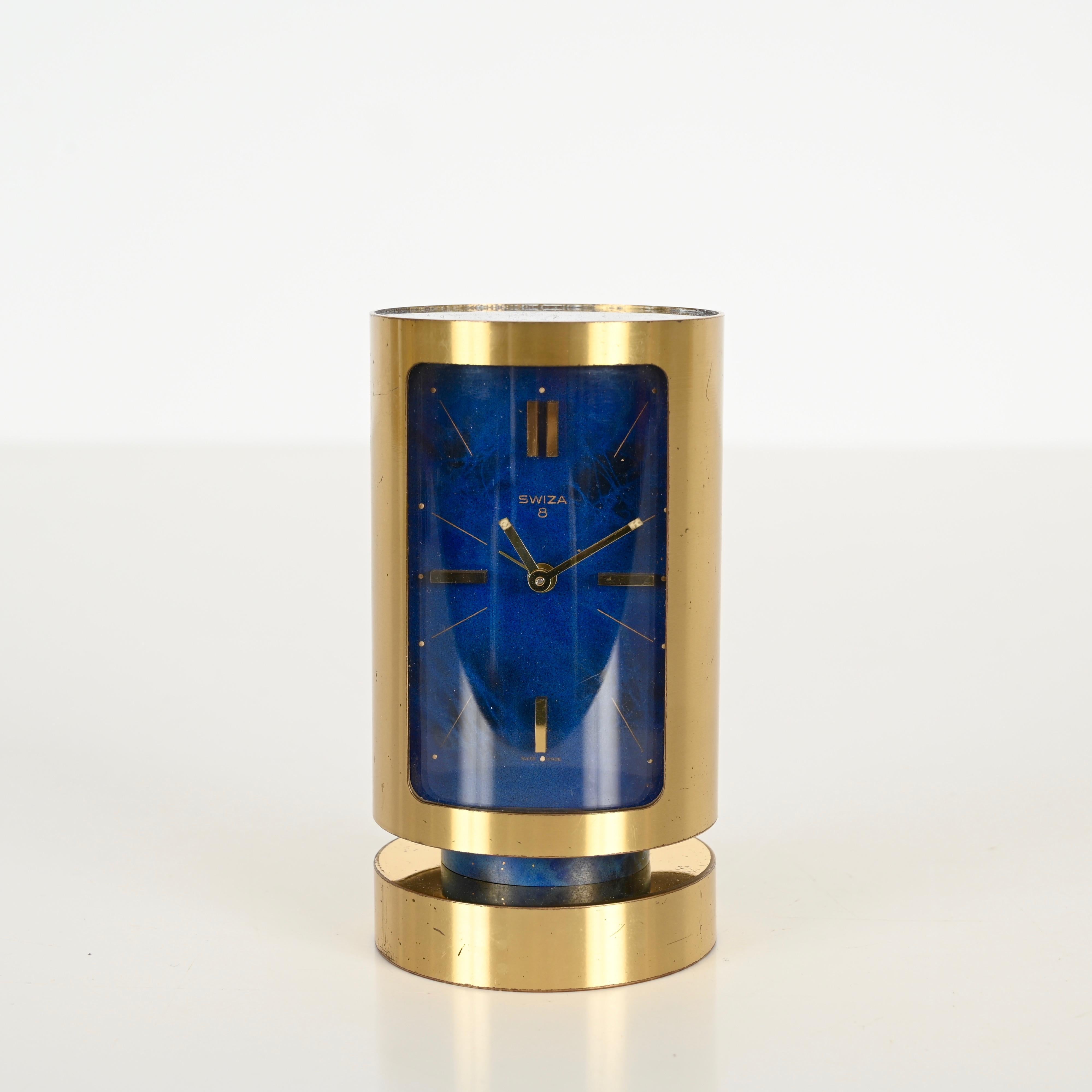 Hand-Crafted Mid-Century Swiss Gilt Brass & Lapis Lazuli Swiza 8 Day Alarm Clock, 1960s For Sale