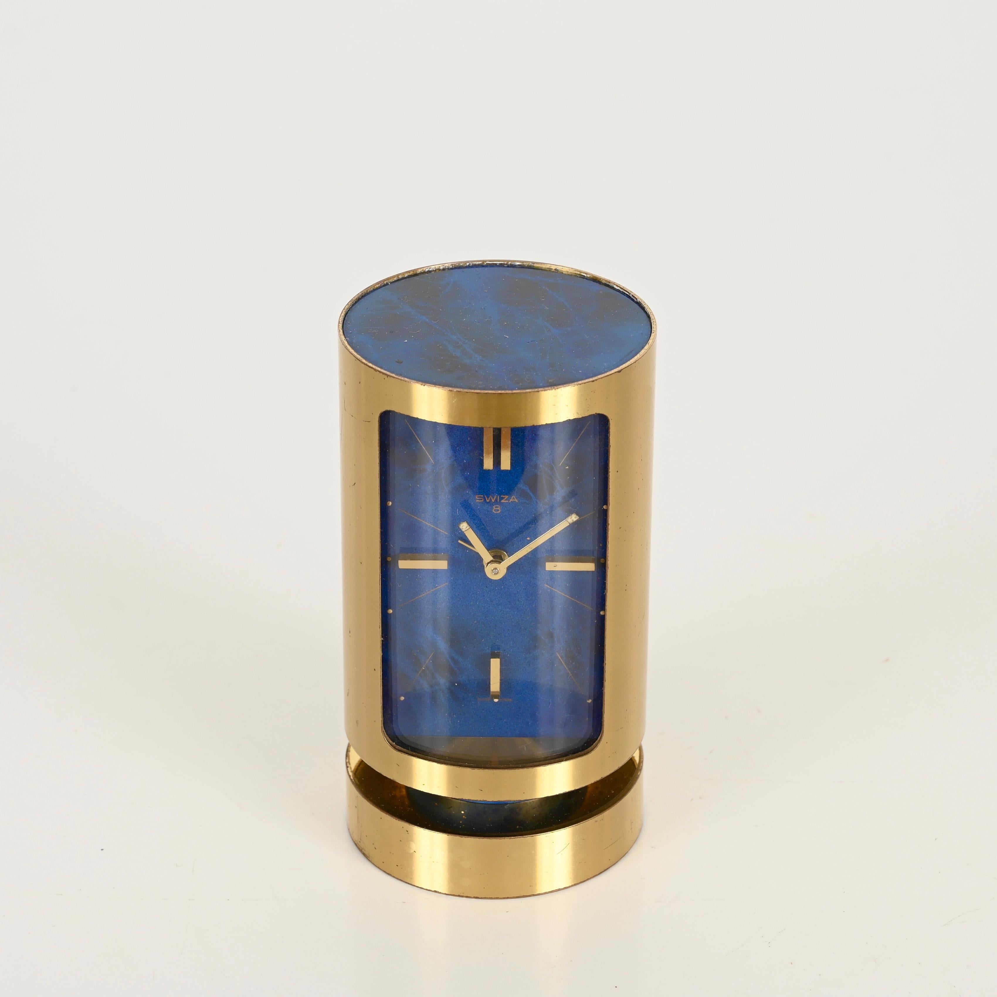 20th Century Mid-Century Swiss Gilt Brass & Lapis Lazuli Swiza 8 Day Alarm Clock, 1960s For Sale