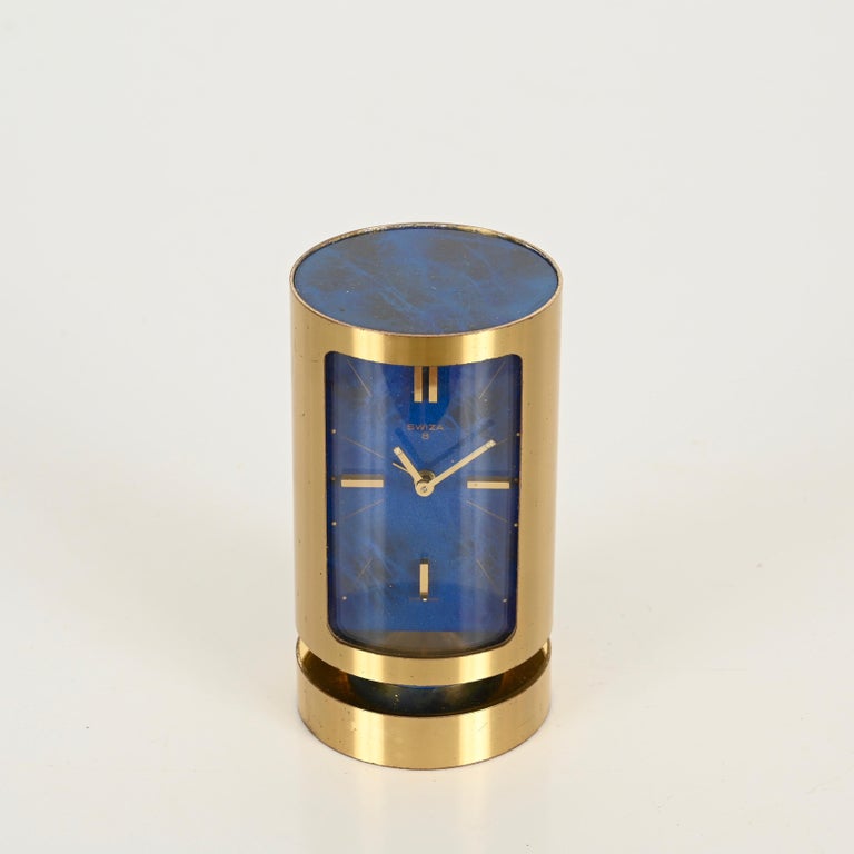 Mid-Century Swiss Gilt Brass and Lapis Lazuli Swiza 8 Day Alarm
