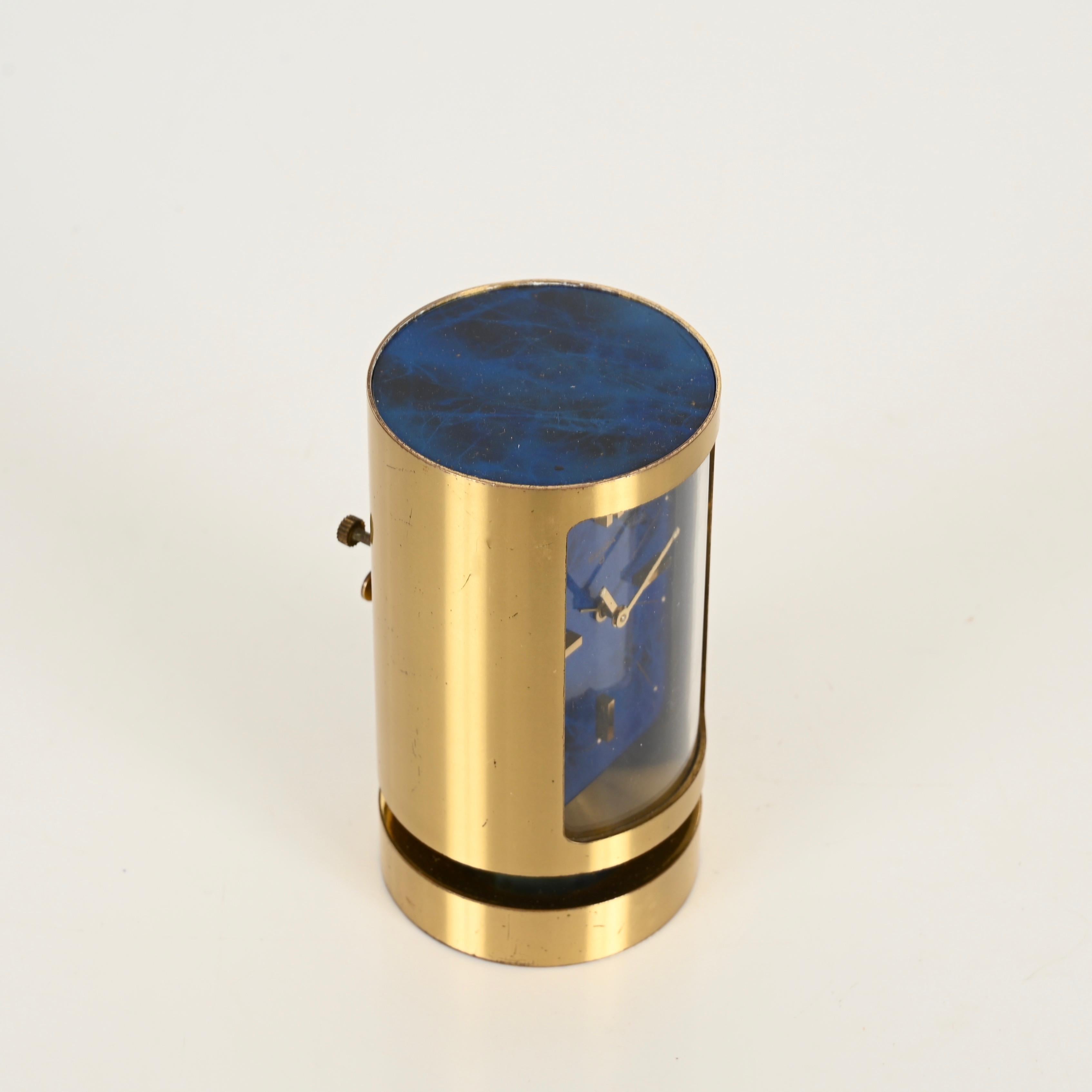 Metal Mid-Century Swiss Gilt Brass & Lapis Lazuli Swiza 8 Day Alarm Clock, 1960s For Sale