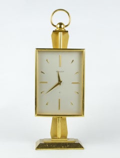 Mid-Century Swiss Modern Golden Brass 8-Days Movement Desk Clock by LeCoultre