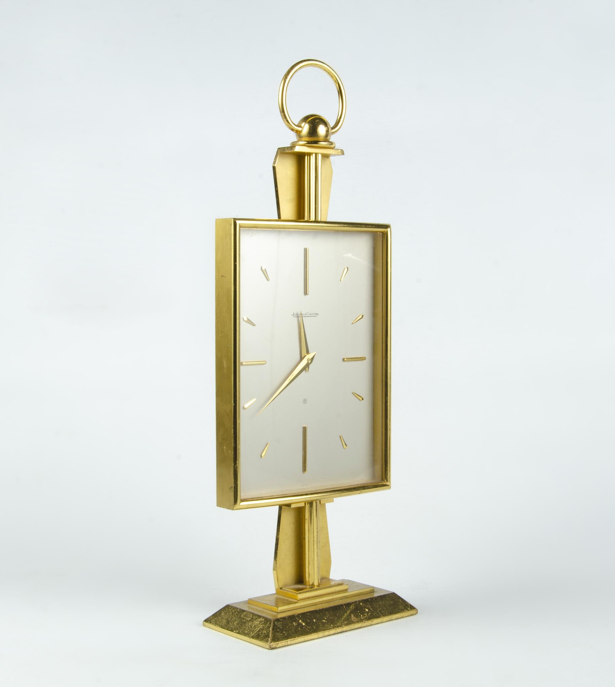Mid-Century Modern Mid-Century Swiss Modern Golden Brass 8-Days Movement Desk Clock by LeCoultre For Sale