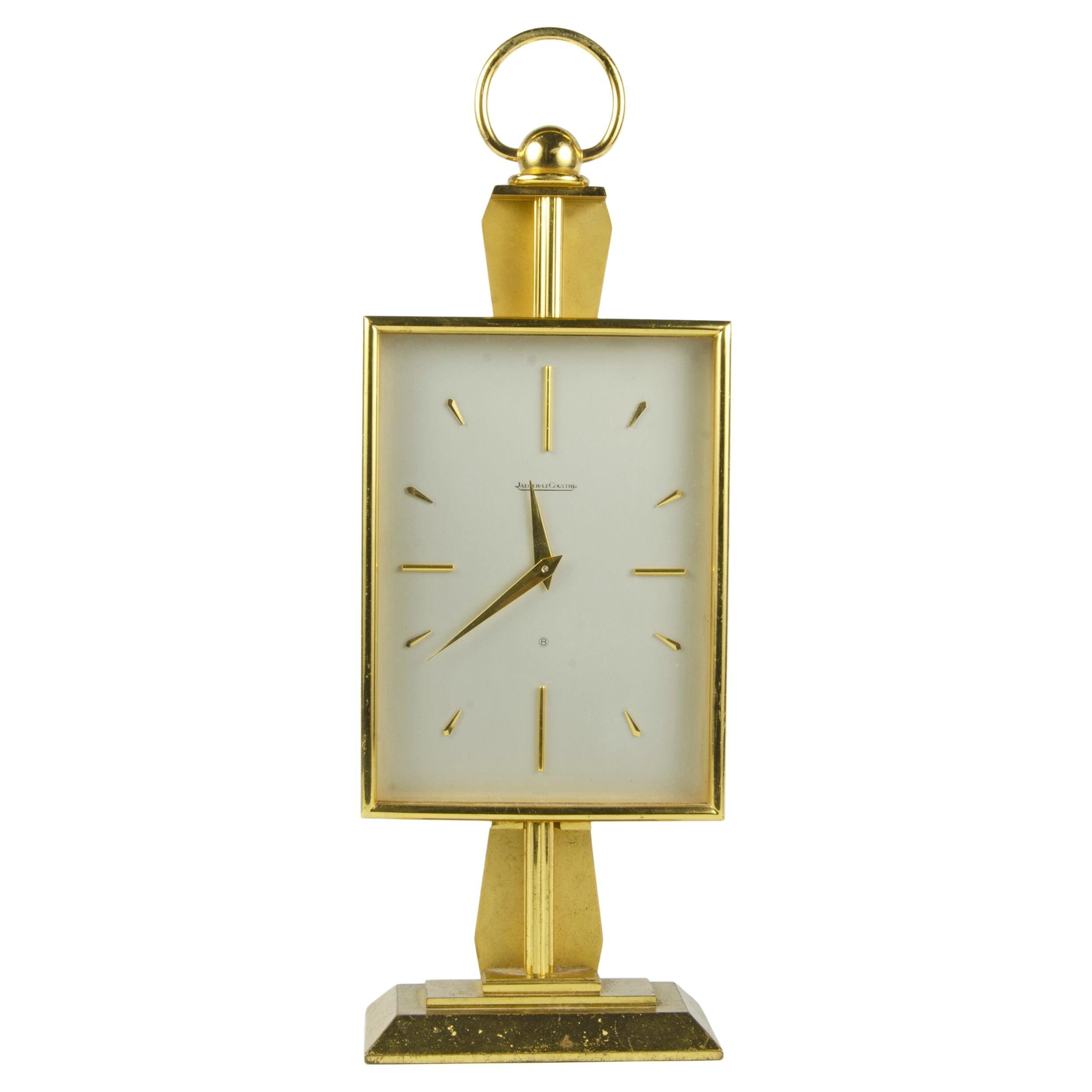 Mid-Century Swiss Modern Golden Brass 8-Days Movement Desk Clock by LeCoultre