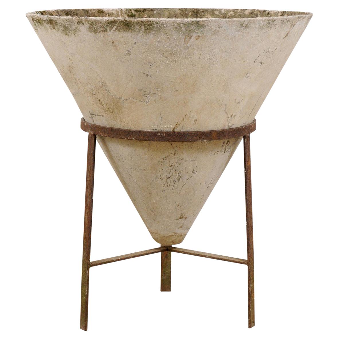 Midcentury Swiss Willy Guhl Cone Concrete Planter with Iron Stand