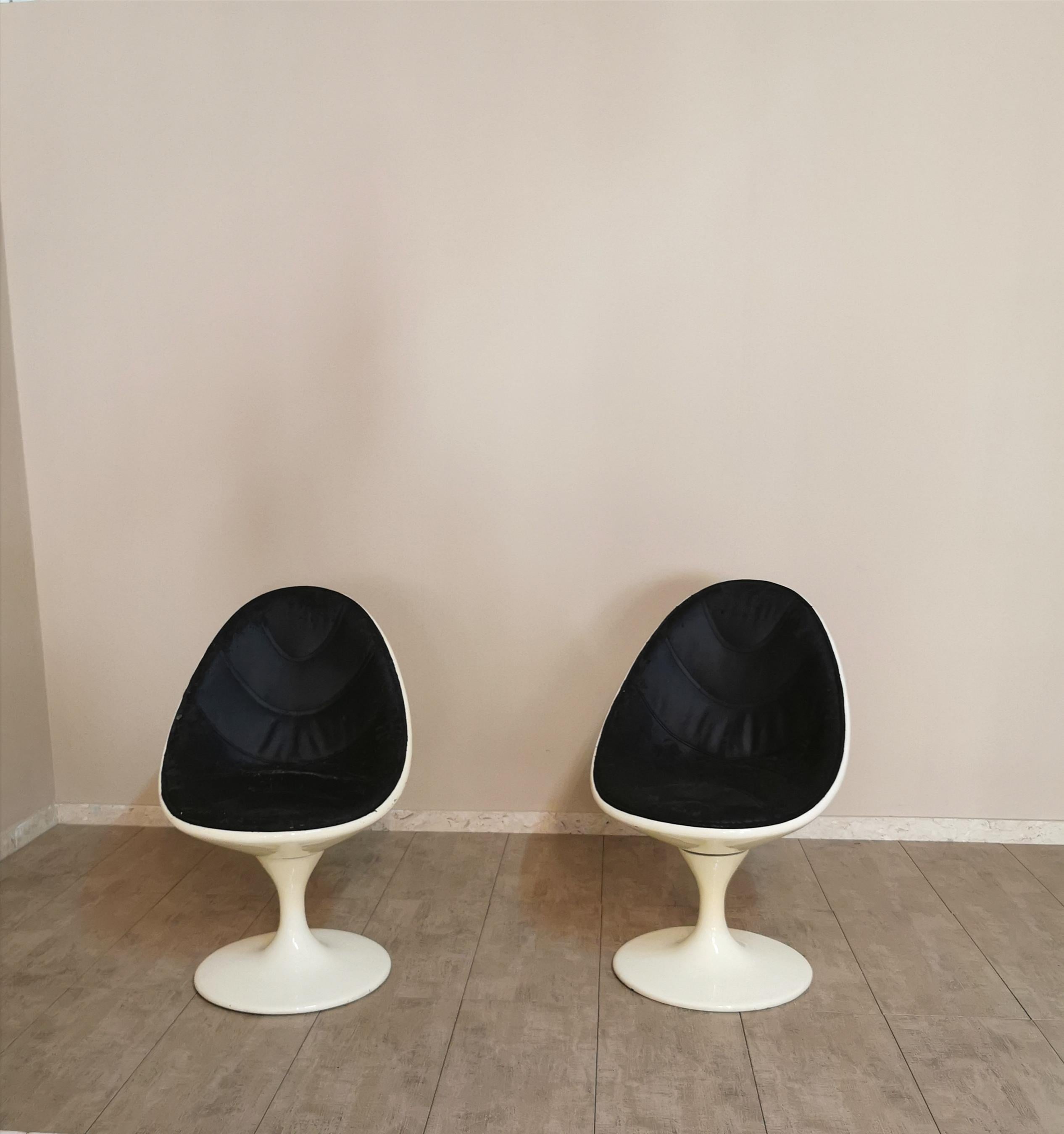 Midcentury Swivel Chairs Curved Resin Black White Leather Italy 1970s Set of 2 1