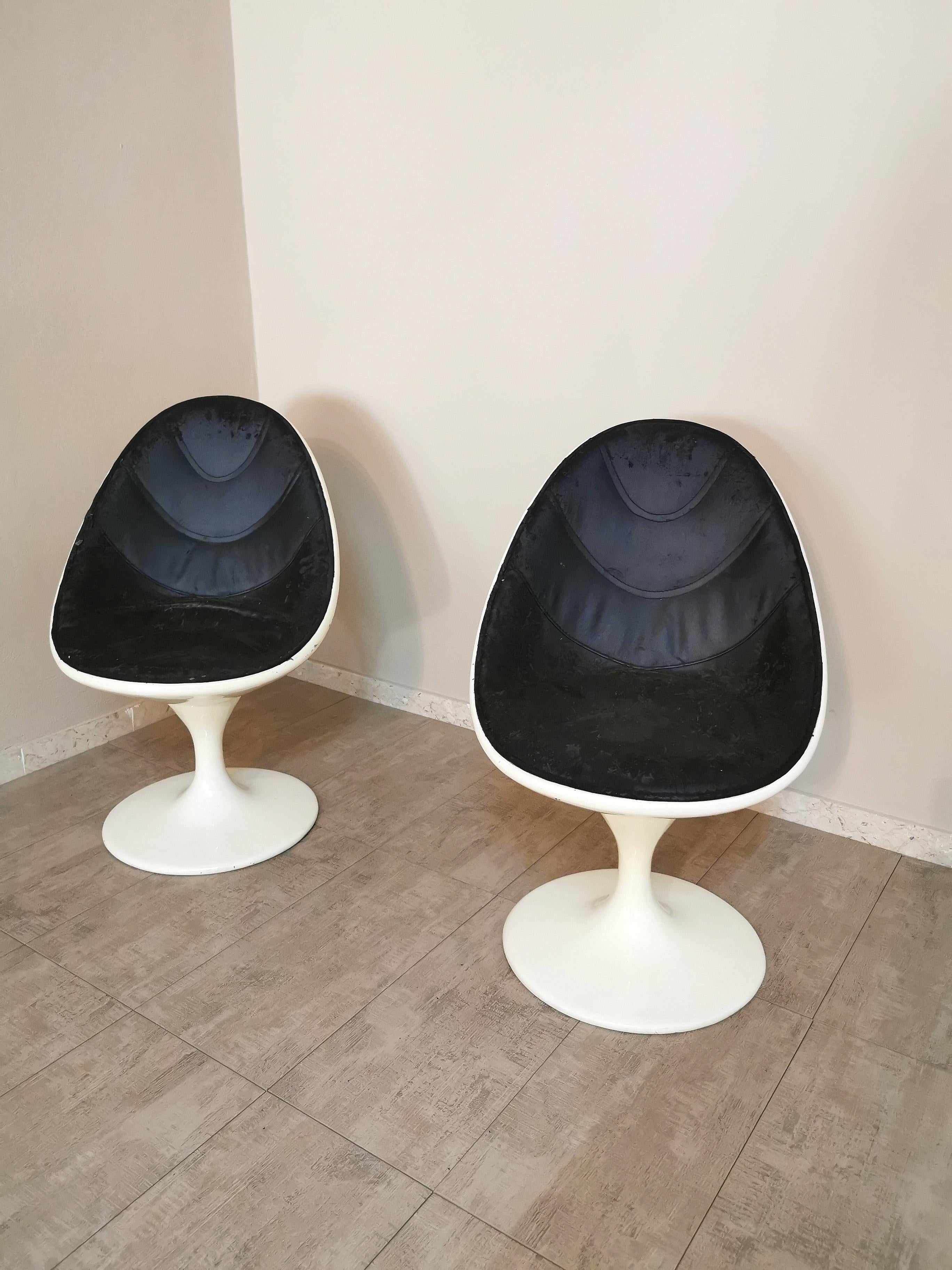 20th Century Midcentury Swivel Chairs Curved Resin Black White Leather Italy 1970s Set of 2