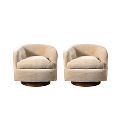 Mid-Century Swivel Club Chairs in Taupe Mohair W/ Walnut Bases by Milo Baughman