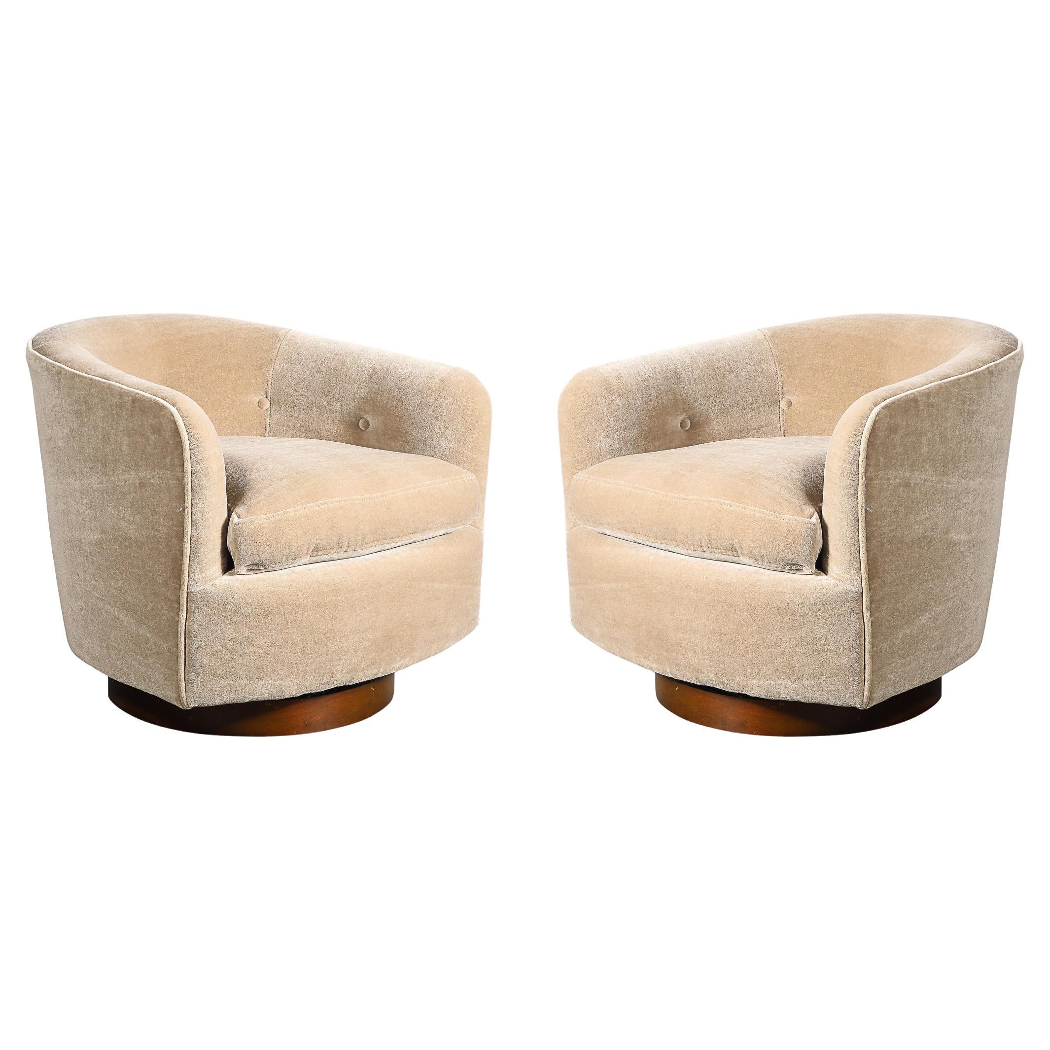 Mid-Century Swivel Club Chairs in Taupe Mohair W/ Walnut Bases by Milo Baughman