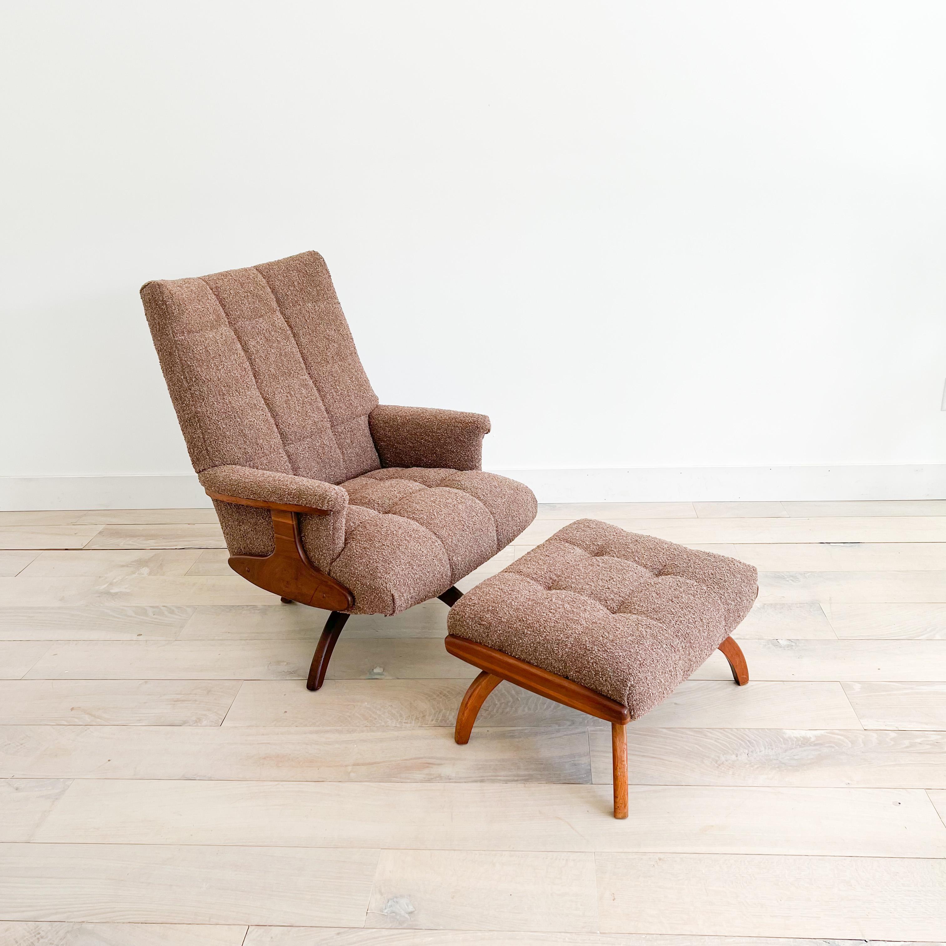 Mid-Century Modern swivel lounge chair and ottoman with sculpted wooden bases. New tufted soft nubby mauve/brown upholstery. Some scuffing/scratching to the legs/wooden sides.

26”x26” 17”SH 40.5”H

ottoman - 24.5”x20” 14.5”H.