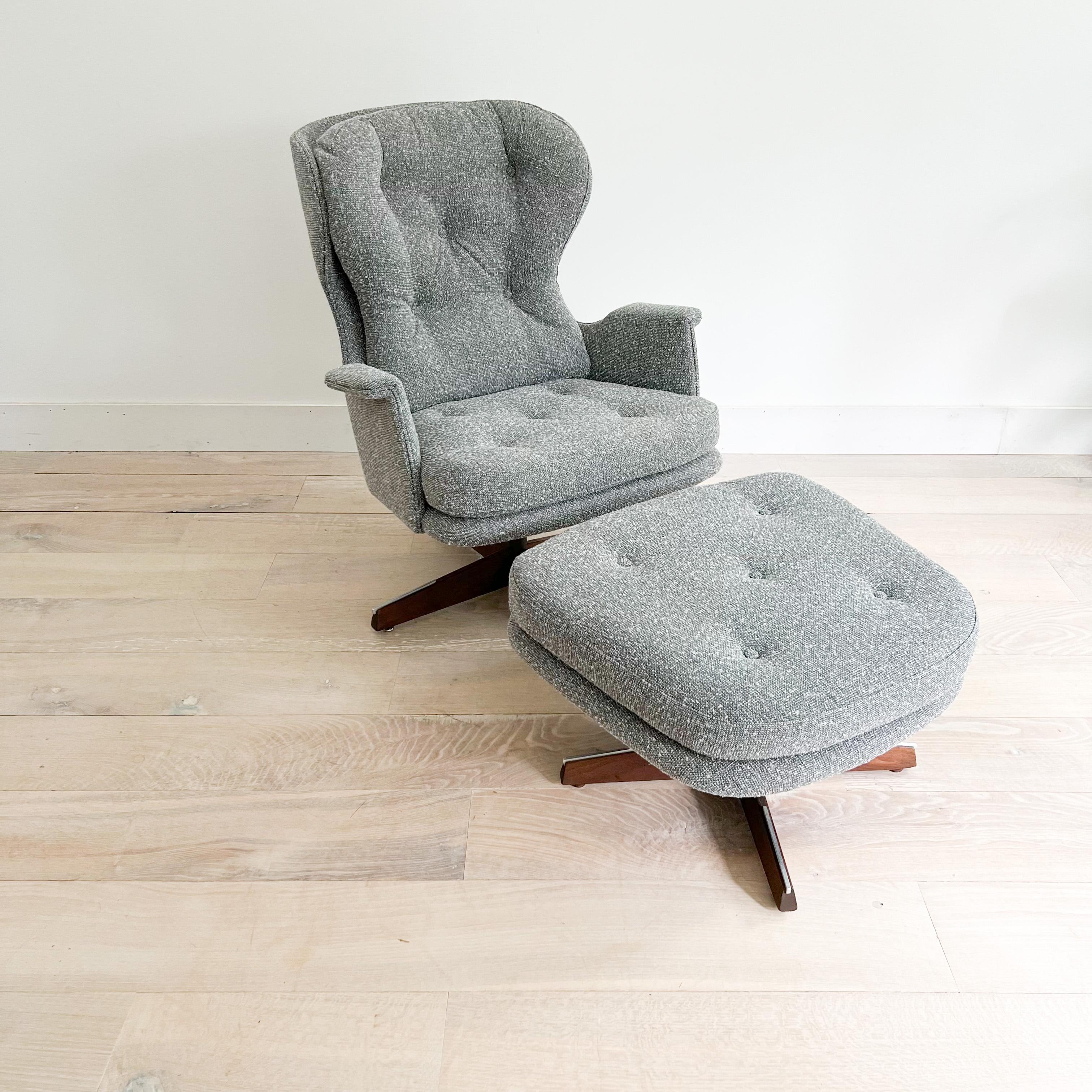 Mid century modern swivel rocker lounge chair with ottoman. New grey tweed upholstery. The wooden bases have some scuffing/scratching from age appropriate wear. The previous owner did a repair to a crack in one of the ottoman legs (see